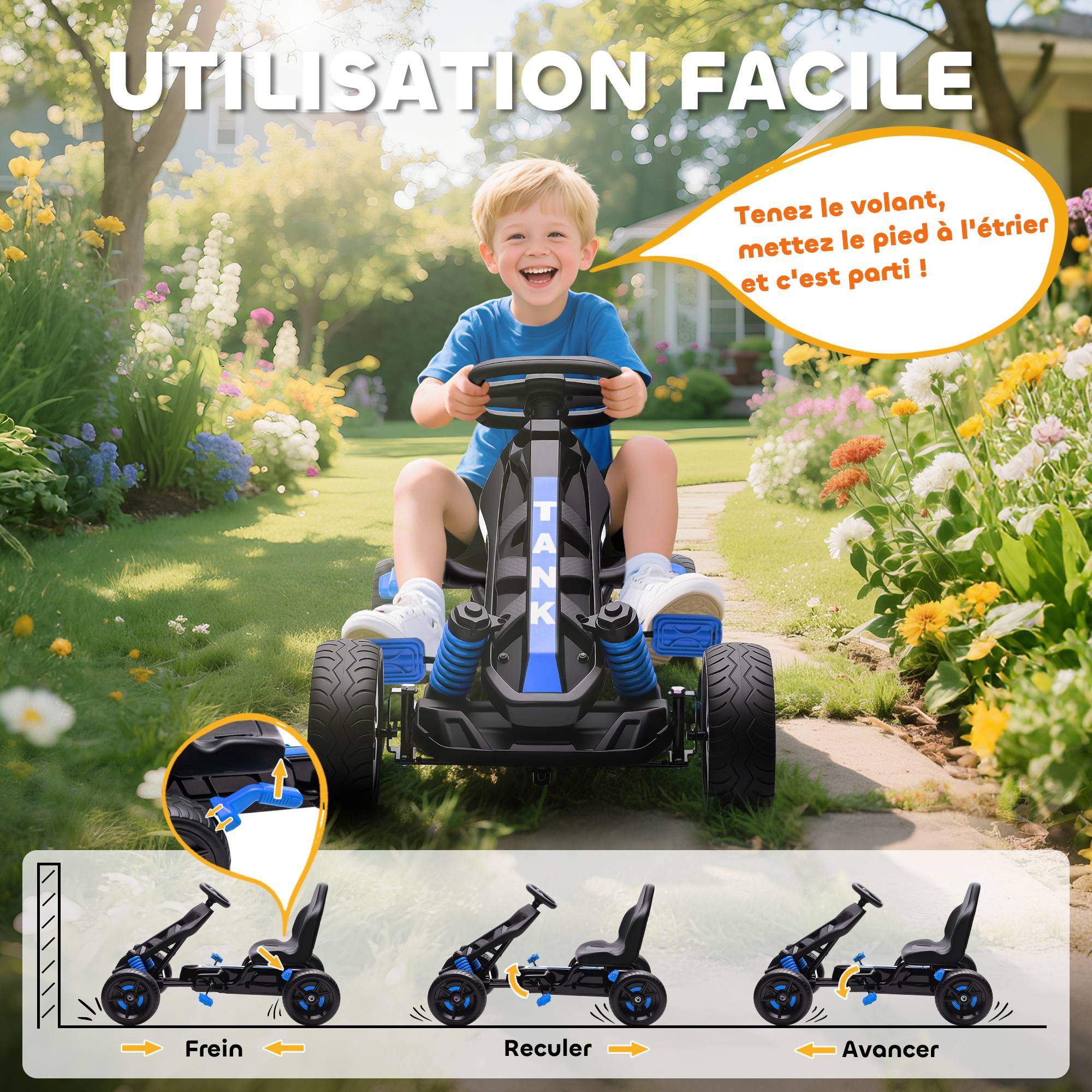 Kart à pédales pour enfants, karting enfant 3 à 6 ans avec roue libre, frein, roues EVA antidérapantes, bleu - Image 7