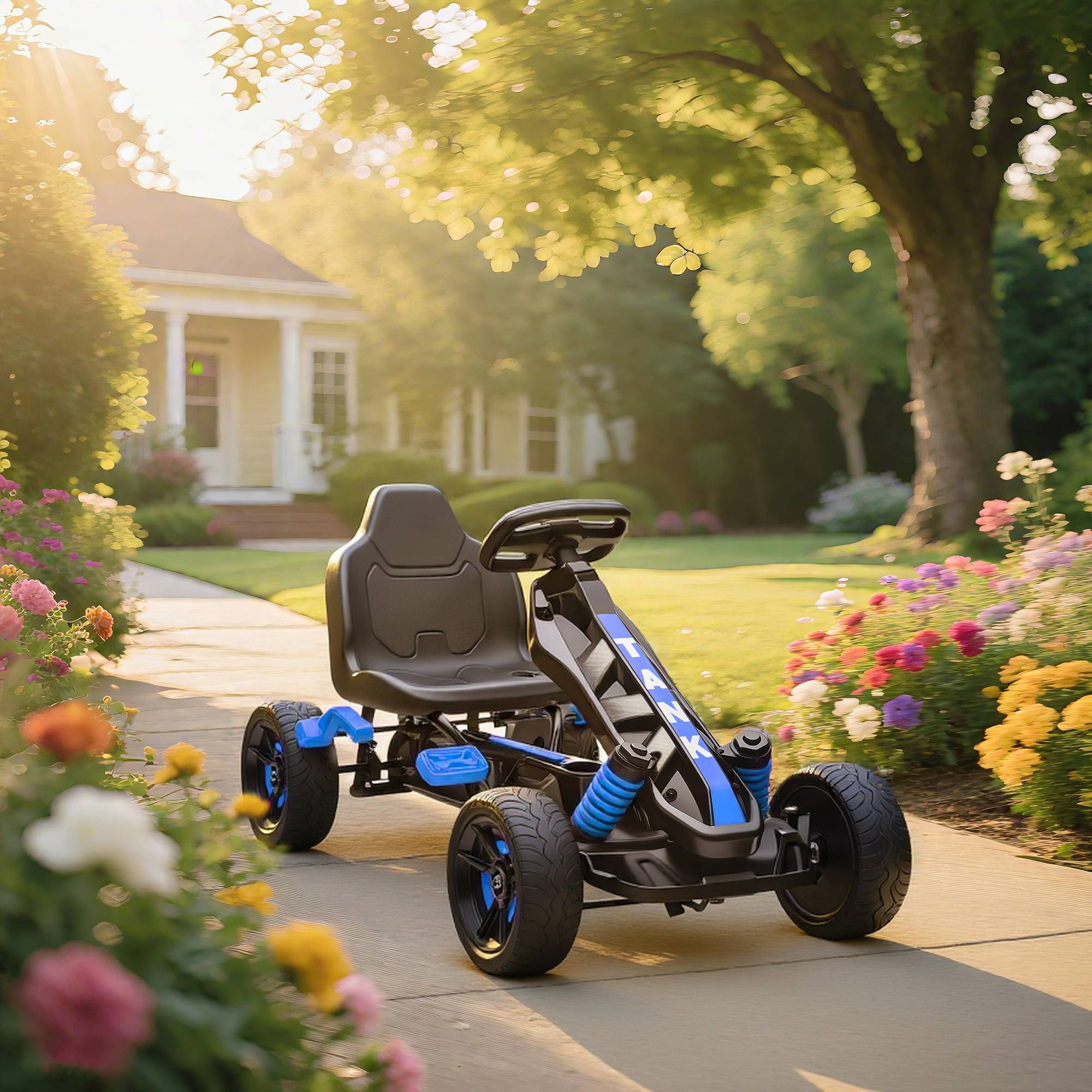 Kart à pédales pour enfants, karting enfant 3 à 6 ans avec roue libre, frein, roues EVA antidérapantes, bleu - Image 4