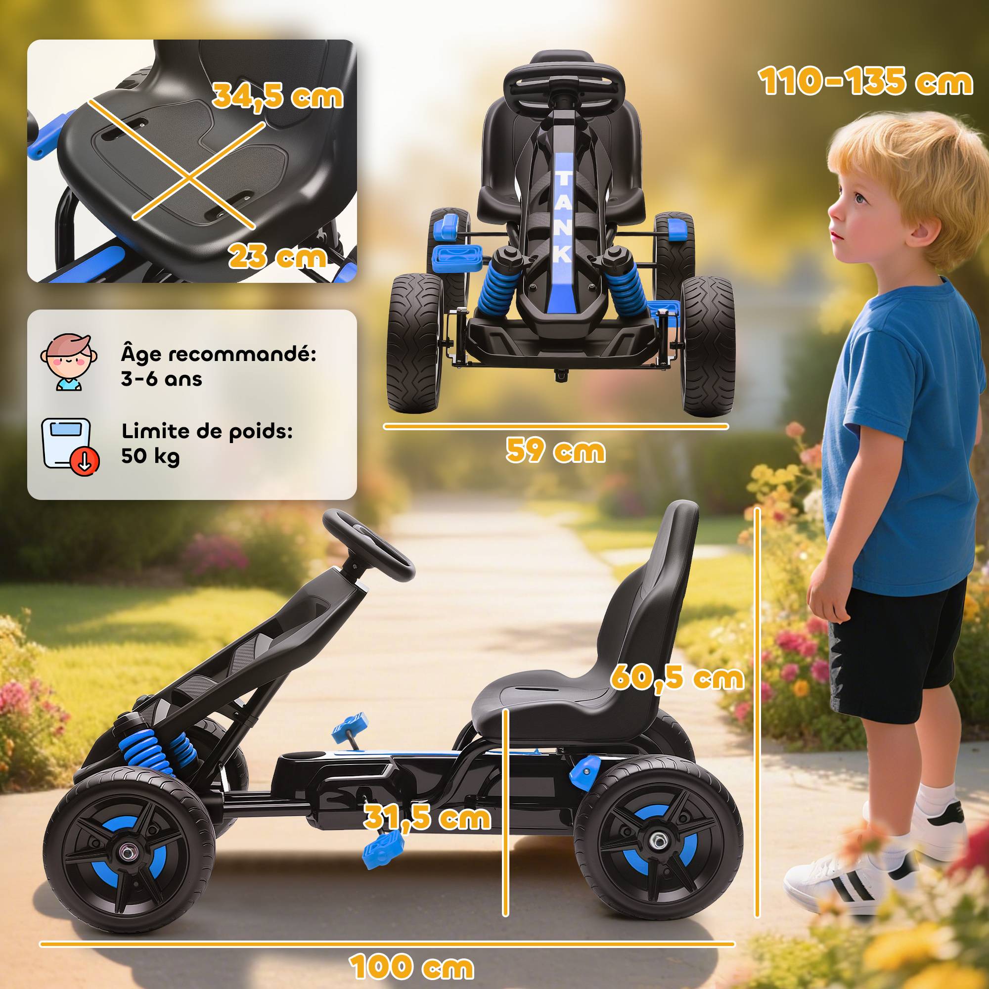 Kart à pédales pour enfants, karting enfant 3 à 6 ans avec roue libre, frein, roues EVA antidérapantes, bleu - Image 5