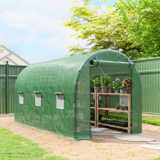 Sans Marque - Serre Jardin Tunnel 8m² 4x2x1,9m acier galvanisé 2,4cm PE fenêtres porte Vert - Image 4