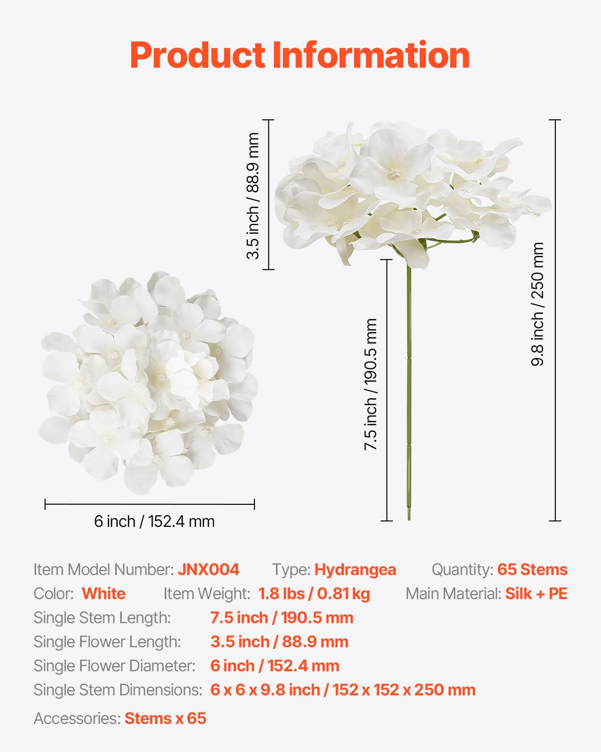 VEVOR Hortensia artificiel lot de 65, 250mm. Aspect réaliste, tête 152mm. Pour décoration, mariages. Blanc. - Image 7