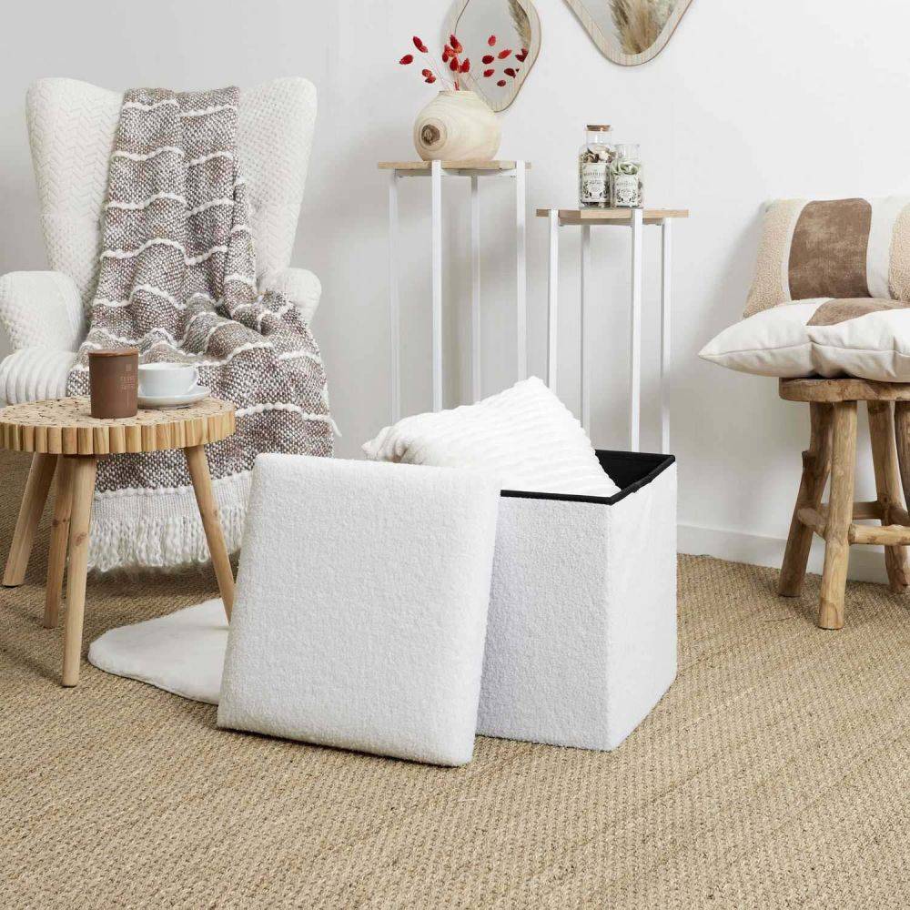 The Home Deco Factory - Pouf coffre pliable en bouclette blanc - Image 2