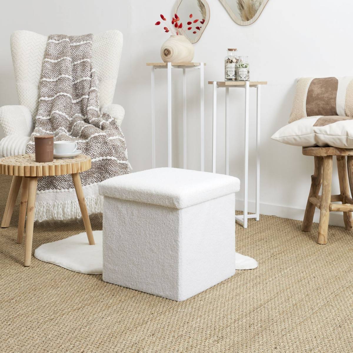 The Home Deco Factory - Pouf coffre pliable en bouclette blanc - Image 5