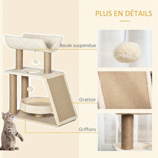 Arbre à chat bois et peluche brun clair 60 x 30 x 76 cm - PANGIVO - Image 8