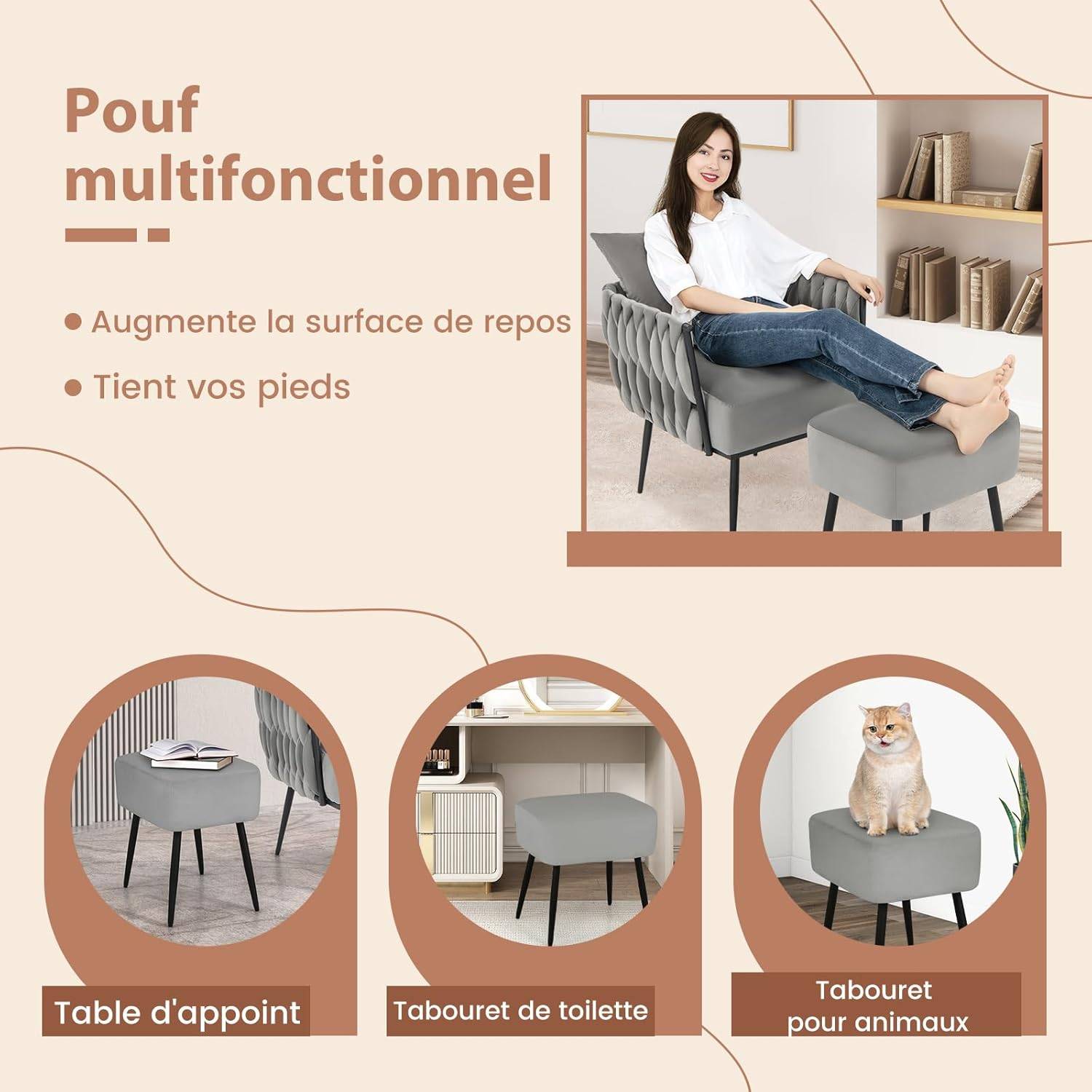 COSTWAY Fauteuil de Salon avec Tabouret et Oreiller Lombaire, Fauteuil en Velours Hollandais, Dossier et Accoudoirs Tissés, Siège 54 x 57 cm, Beige - Gamm vert