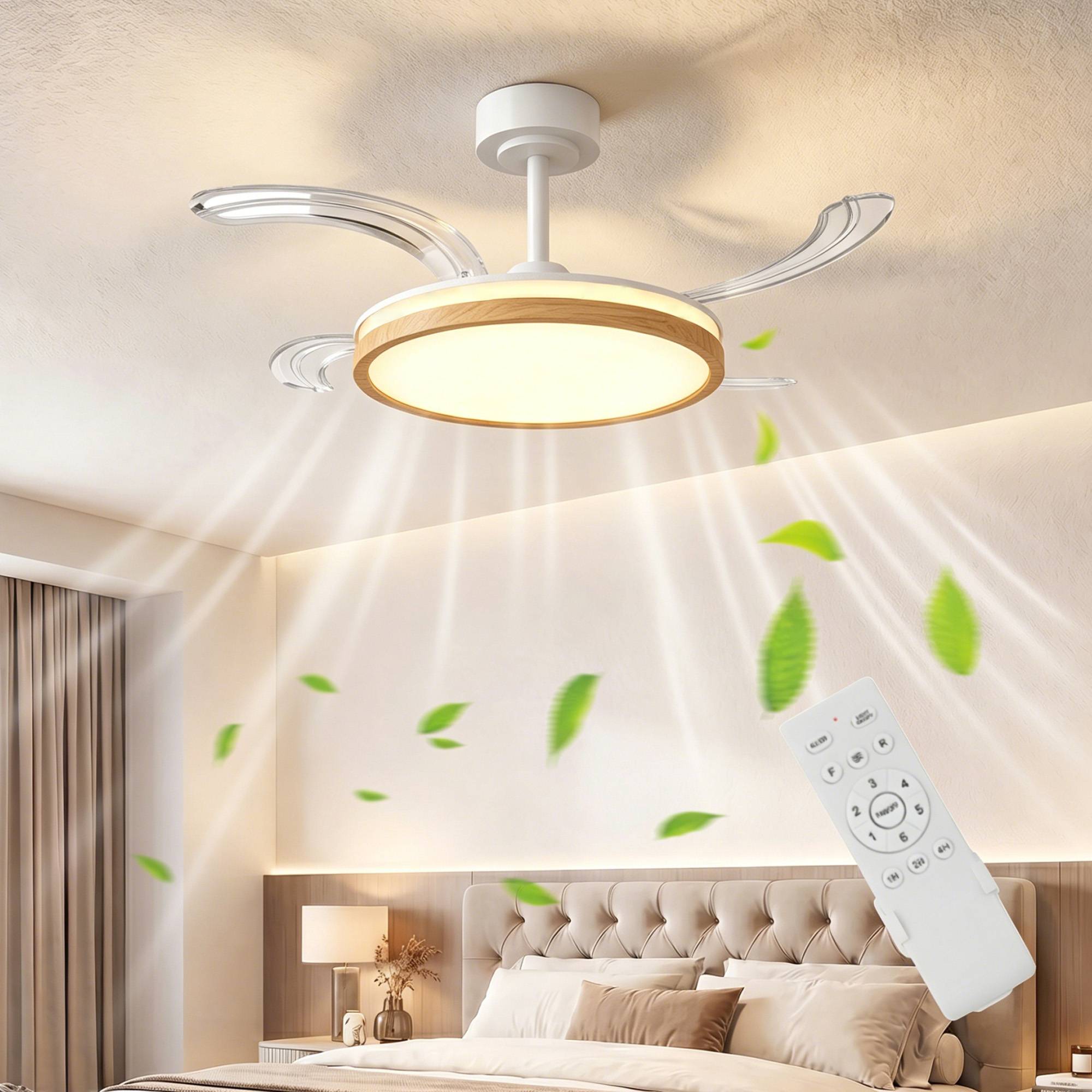 Sans Marque - Ventilateur plafond éclairage télécommande moderne LED 95 cm pales rétractables naturel - Image 3