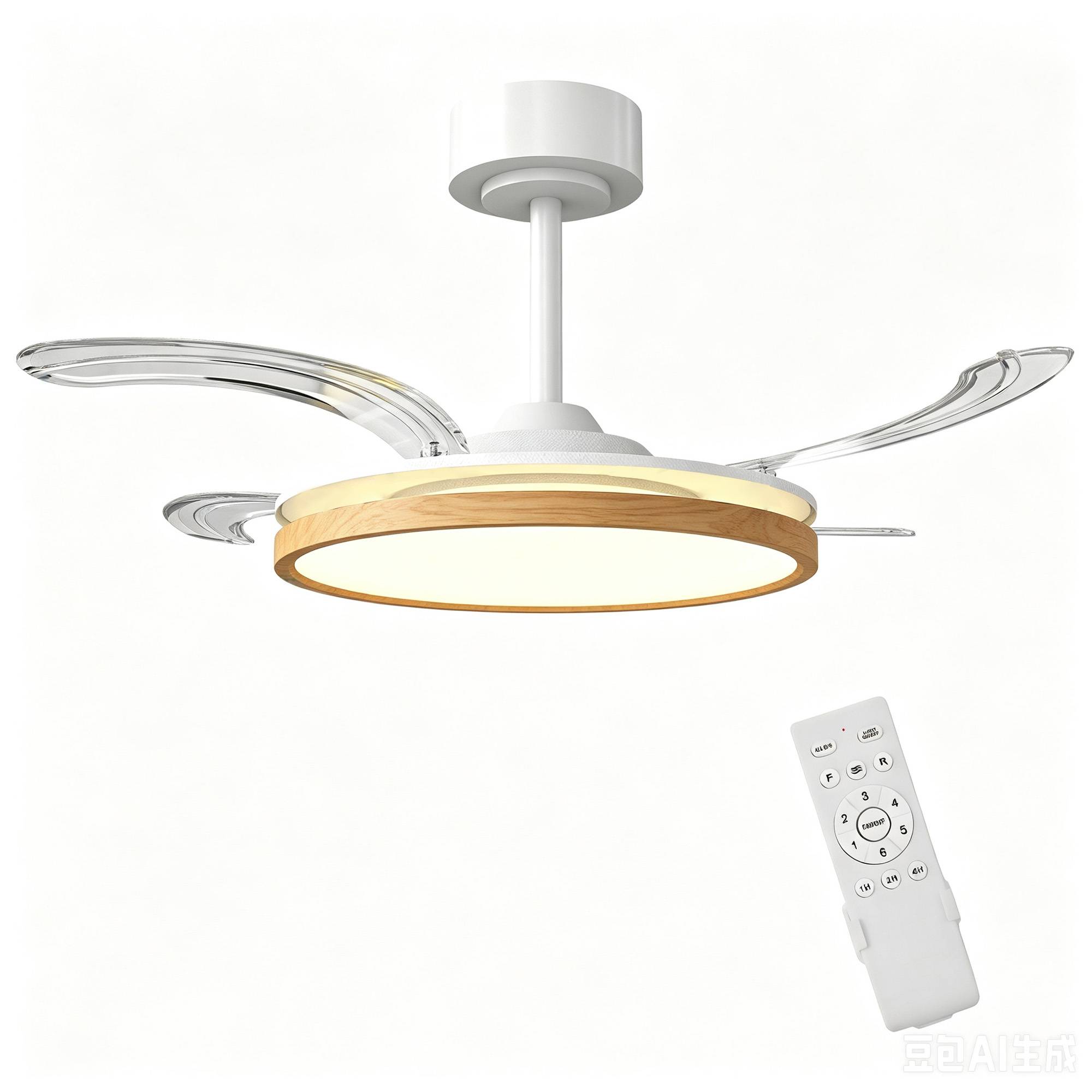 Sans Marque - Ventilateur plafond éclairage télécommande moderne LED 95 cm pales rétractables naturel - Image 2