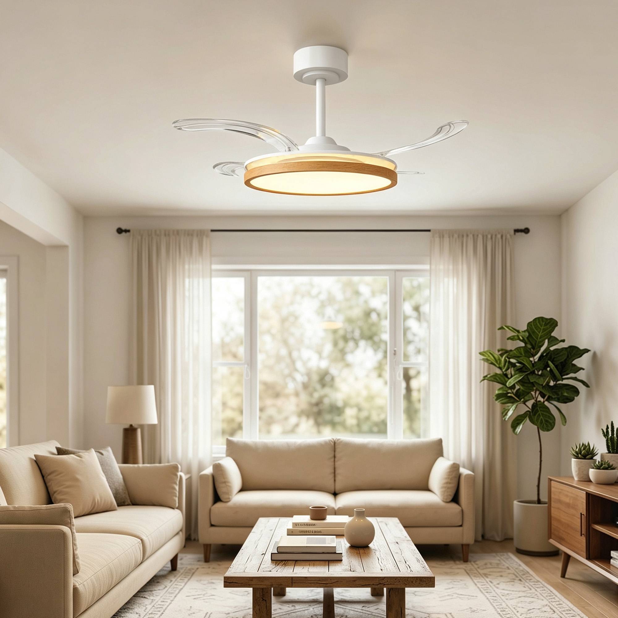 Sans Marque - Ventilateur plafond éclairage télécommande moderne LED 95 cm pales rétractables naturel - Image 4