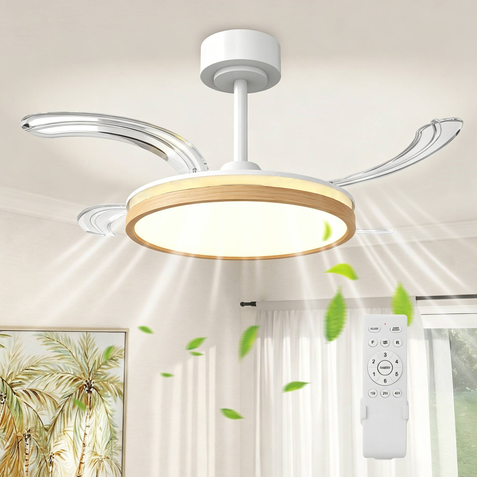 Sans Marque - Ventilateur plafond éclairage télécommande moderne LED 95 cm pales rétractables naturel - Image 1
