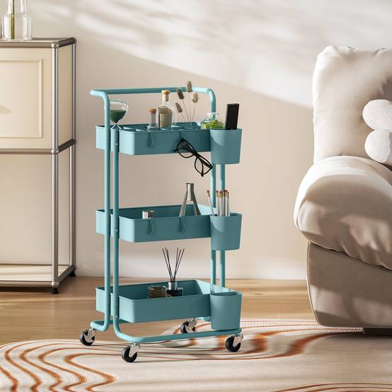 Chariot de service à roulettes avec crochets et boîtes suspendues, desserte mobile 42x38x86,5 cm bleu-vert pour cuisine salle de bain bureau moderne - Image 4