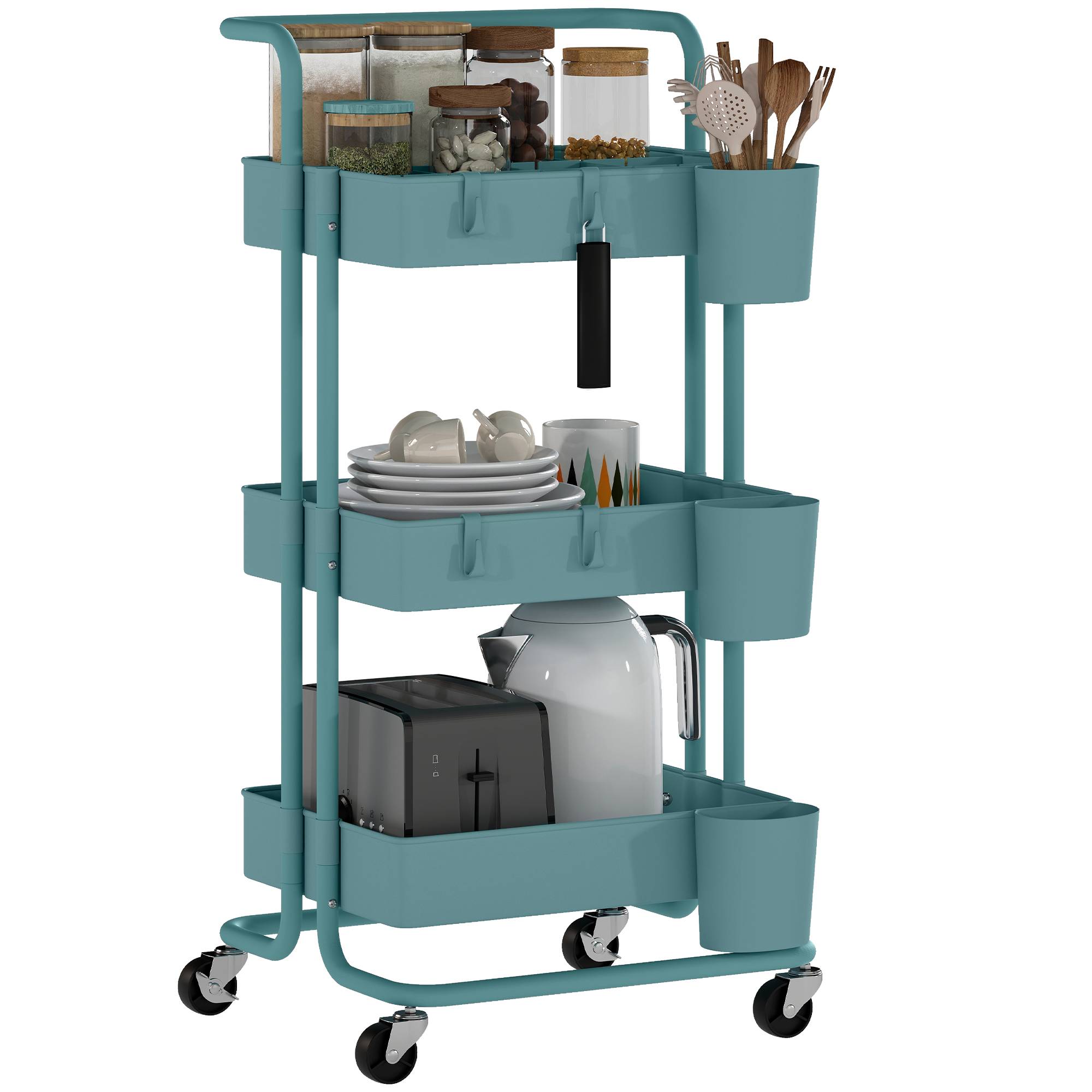 Chariot de service à roulettes avec crochets et boîtes suspendues, desserte mobile 42x38x86,5 cm bleu-vert pour cuisine salle de bain bureau moderne - Image 1