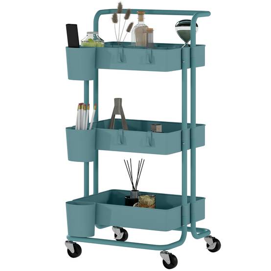 Chariot de service à roulettes avec crochets et boîtes suspendues, desserte mobile 42x38x86,5 cm bleu-vert pour cuisine salle de bain bureau moderne - Image 2