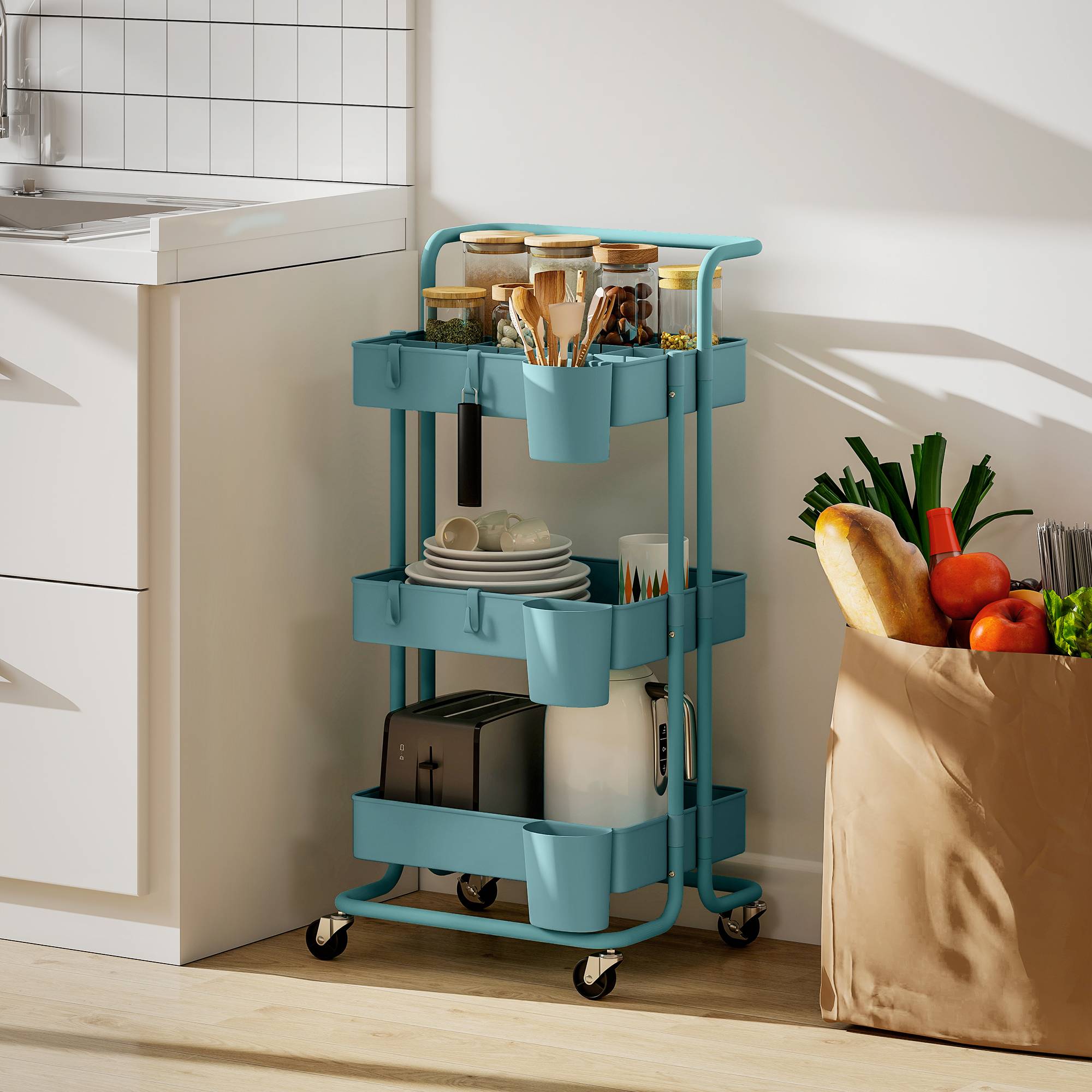 Chariot de service à roulettes avec crochets et boîtes suspendues, desserte mobile 42x38x86,5 cm bleu-vert pour cuisine salle de bain bureau moderne - Image 3