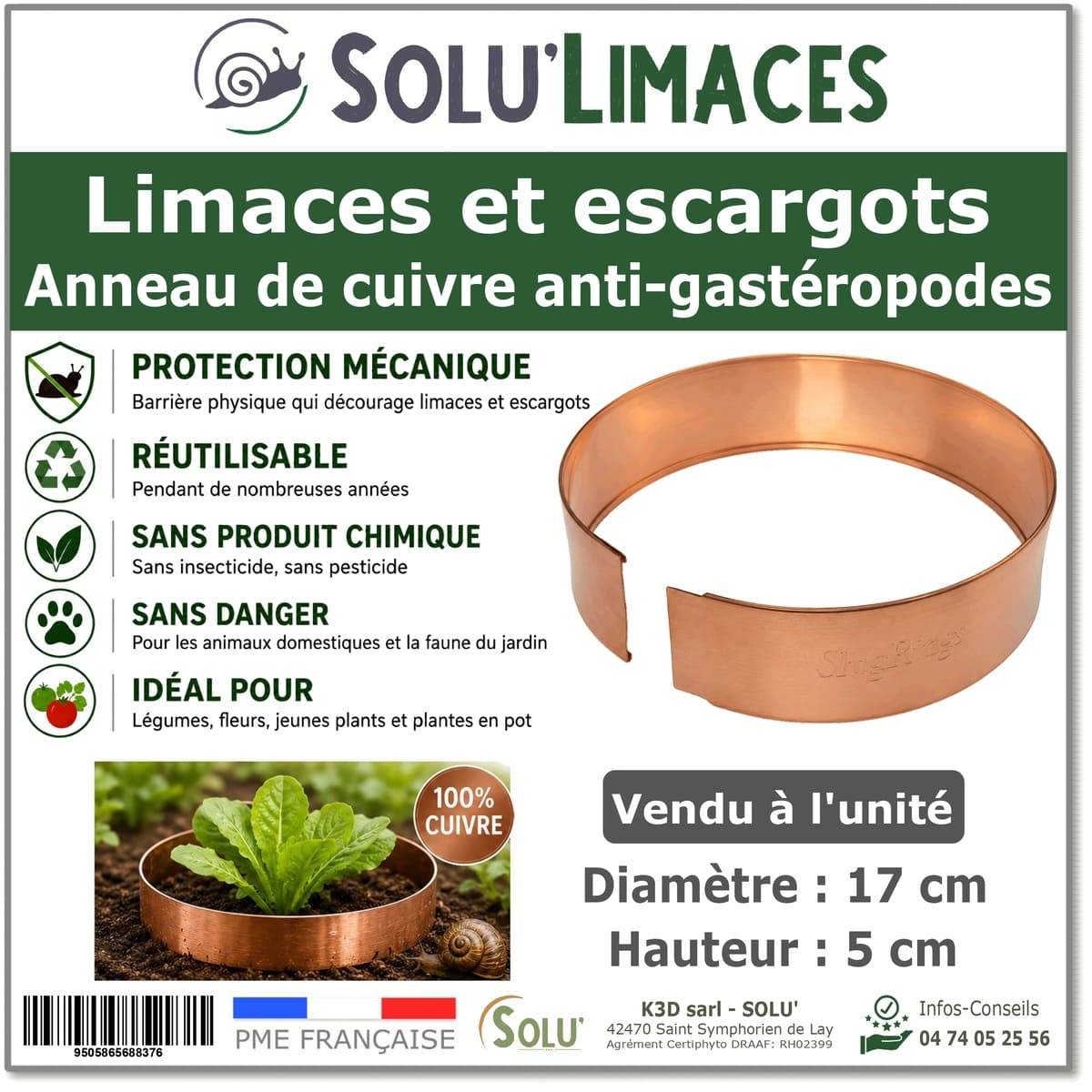 Tout pour les nuisibles - Anneau de Cuivre Anti-Limaces et Escargots SOLU'LIMACES – Ø17 cm - Protection des Salades, Fraisiers, Aromatiques, Potager et Fleurs