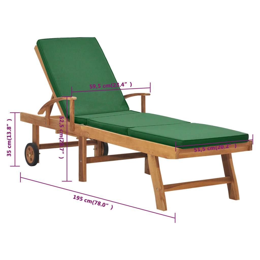 Helloshop26 - Transat chaise longue bain de soleil lit de jardin terrasse meuble d'extérieur avec coussin bois de teck solide vert - Imagen 9