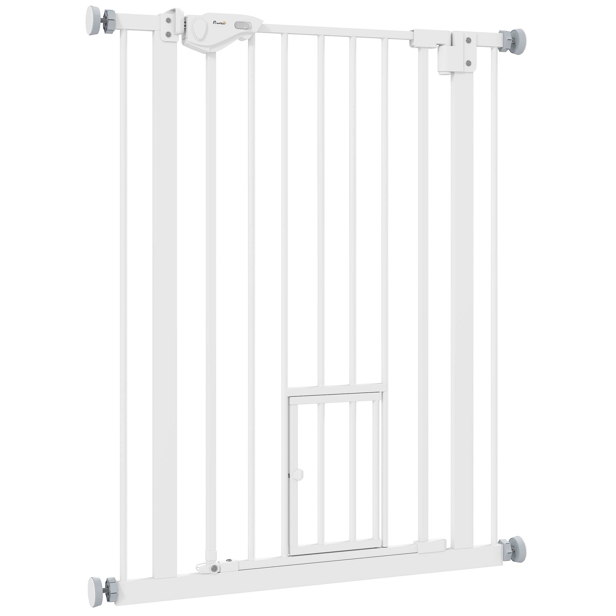 Barrière de porte avec chatière, sans perçage, largeur variable 74-80 cm, ouverture une main, métal, blanc - Image 2