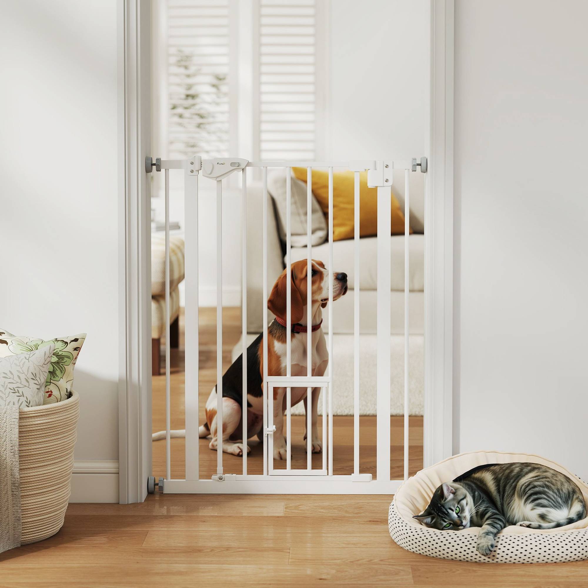 Barrière de porte avec chatière, sans perçage, largeur variable 74-80 cm, ouverture une main, métal, blanc - Image 4