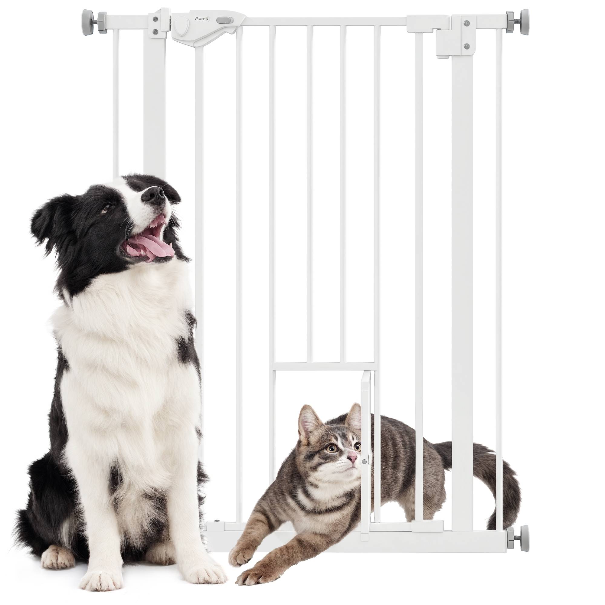 Barrière de porte avec chatière, sans perçage, largeur variable 74-80 cm, ouverture une main, métal, blanc - Image 1