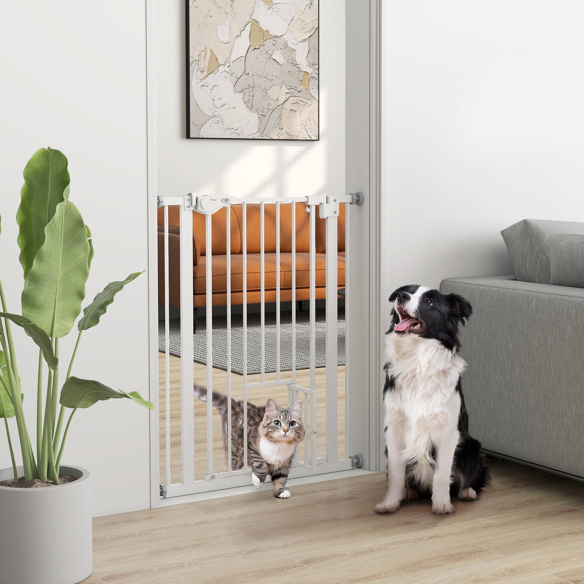 Barrière de porte avec chatière, sans perçage, largeur variable 74-80 cm, ouverture une main, métal, blanc - Image 3