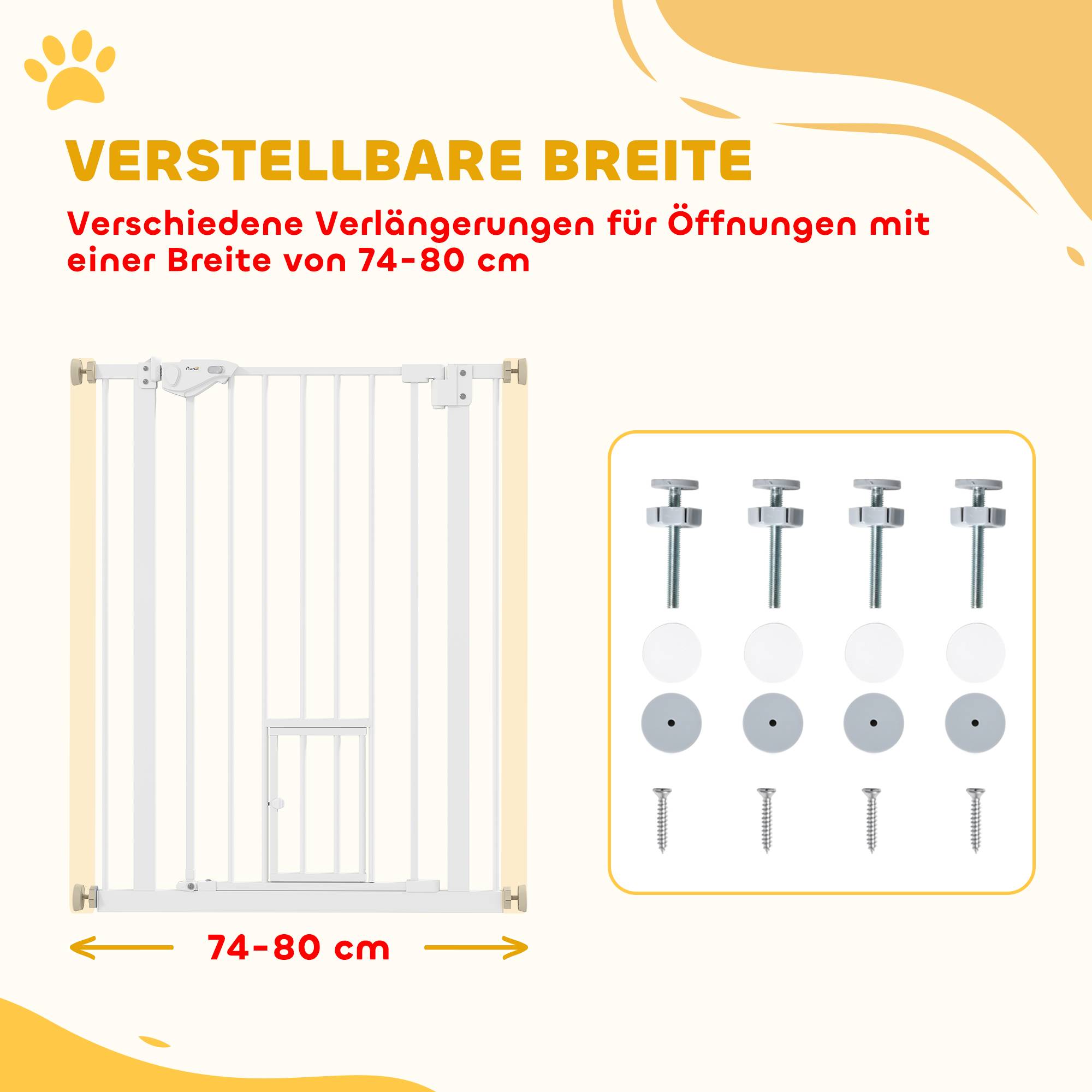 Barrière de porte avec chatière, sans perçage, largeur variable 74-80 cm, ouverture une main, métal, blanc - Image 6