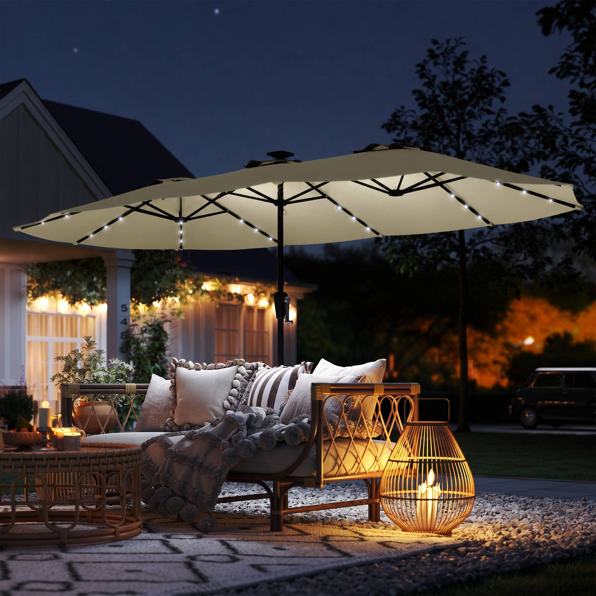 Parasol double de jardin 4 x 2 m avec 36 lumières LED, protection UPF50+, manivelle, 12 baleines, imperméable, beige - Image 4