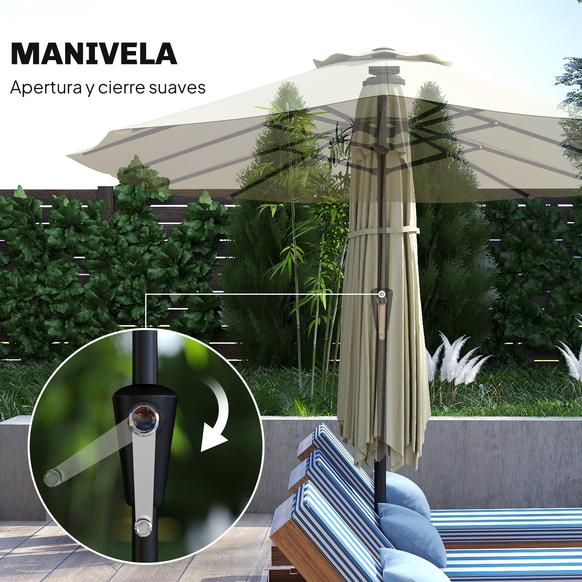 Parasol double de jardin 4 x 2 m avec 36 lumières LED, protection UPF50+, manivelle, 12 baleines, imperméable, beige - Image 10