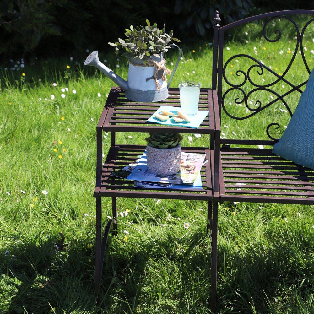Banc et sa tablette de jardin en métal marron 95 x 46 x 92 cm Chemin de campagne - Imagen 3