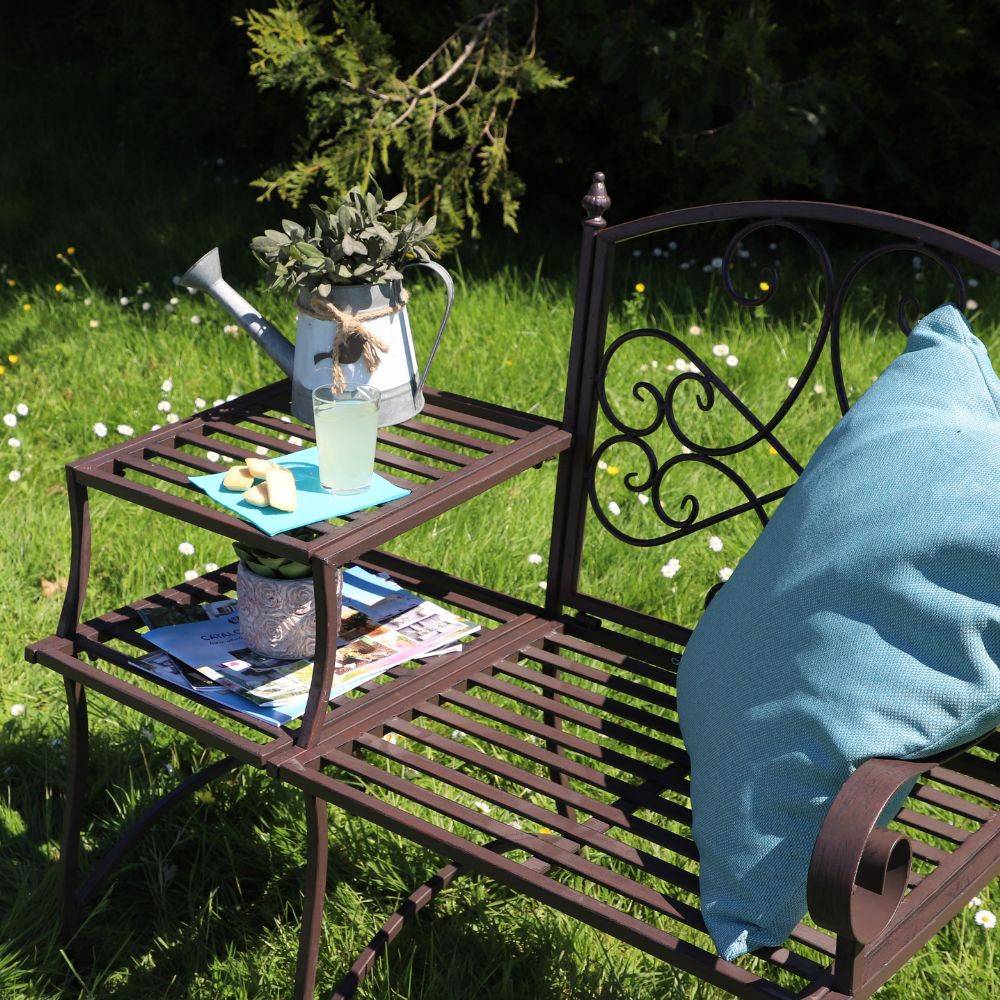 Banc et sa tablette de jardin en métal marron 95 x 46 x 92 cm Chemin de campagne - Imagen 5