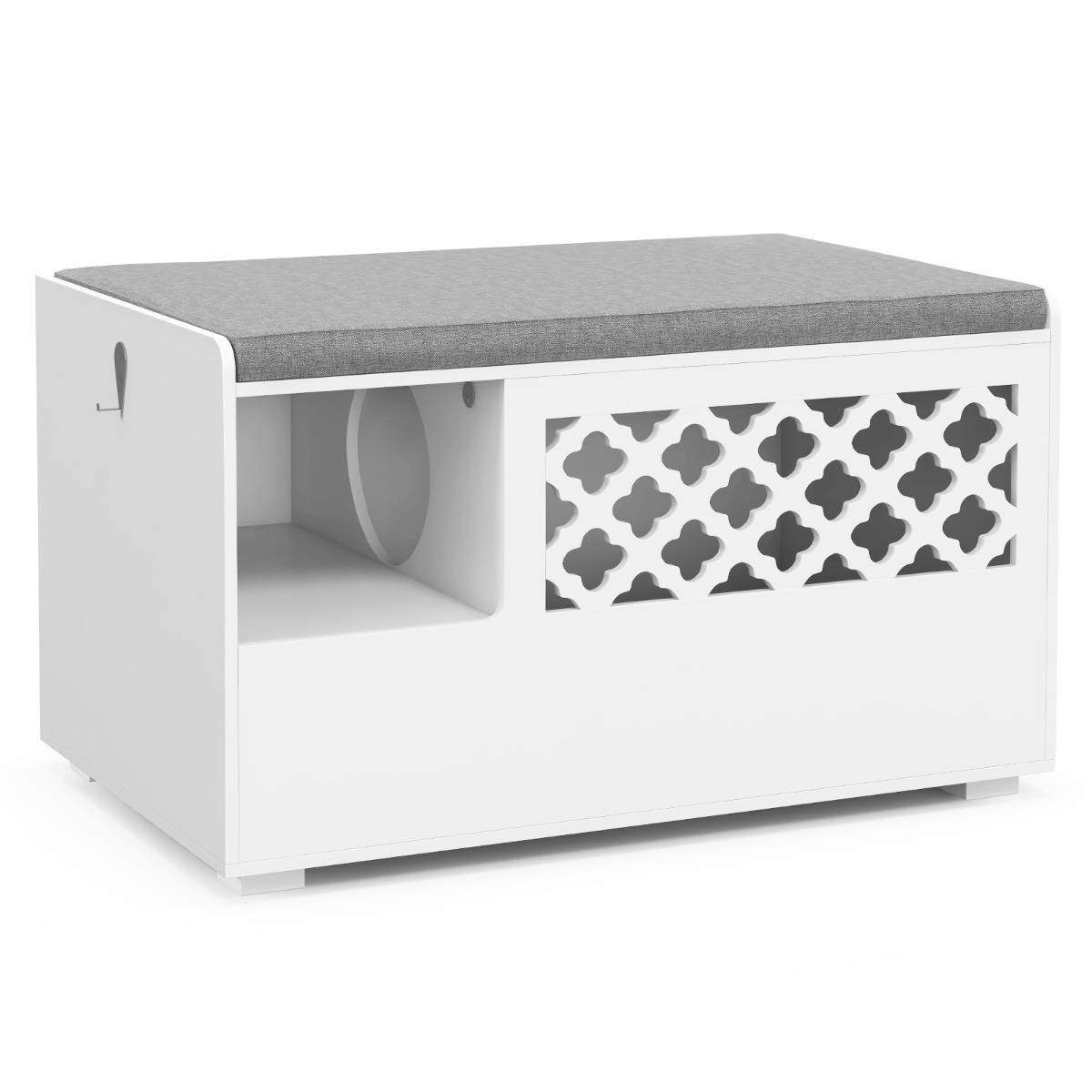 Maison de Toilettes pour Chat avec Coussin Amovible Meuble Bac à Litière avec Crochet Latéral et Porte Rabattable Blanc - Image 1