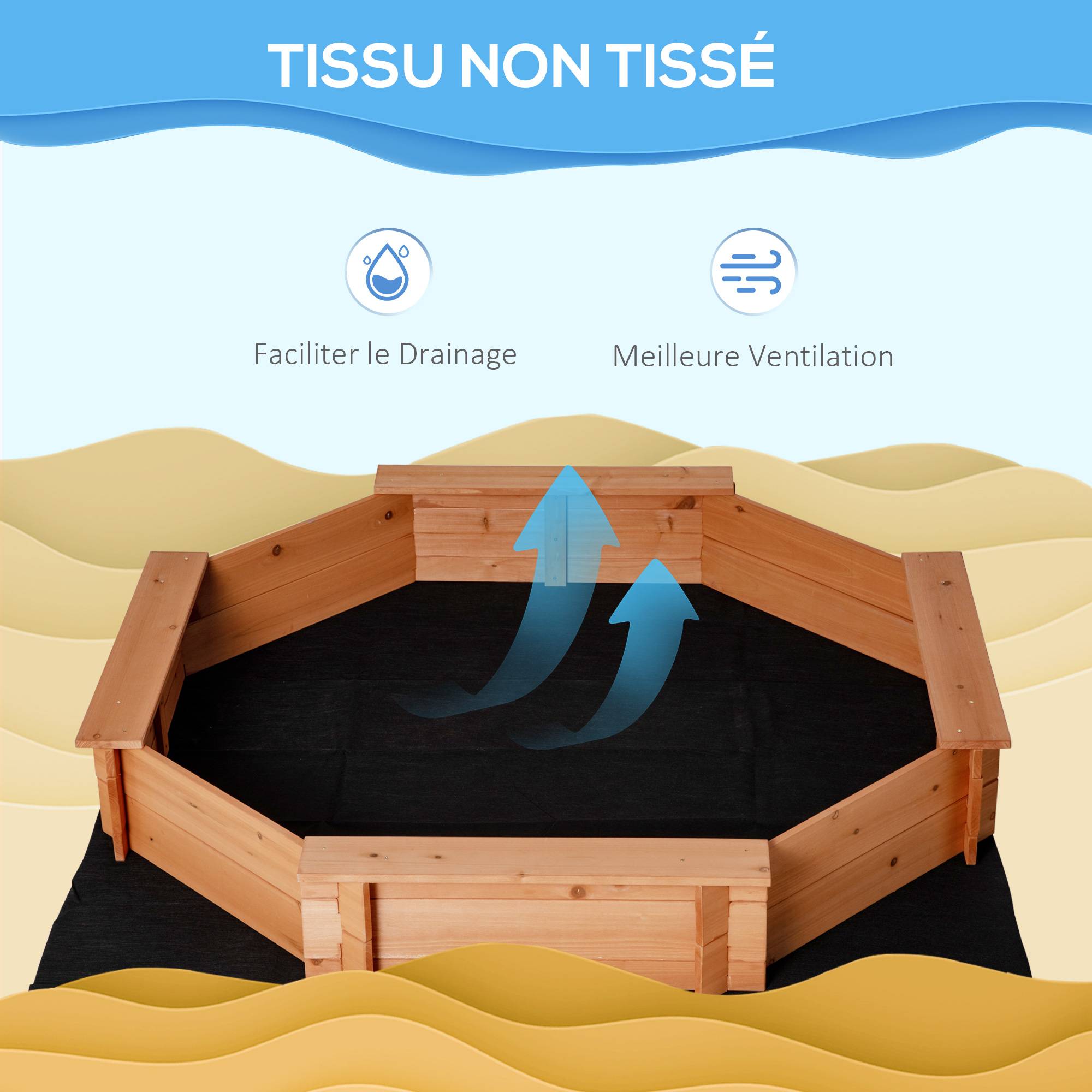 Outsunny - Bac à sable bois octogonal dim. 139,5L x 139,5l x 21,5H cm - 4 bancs - bâche de couverture, non tissé de sol inclus - bois sapin pré-huilé - Outsunny - Imagen 5