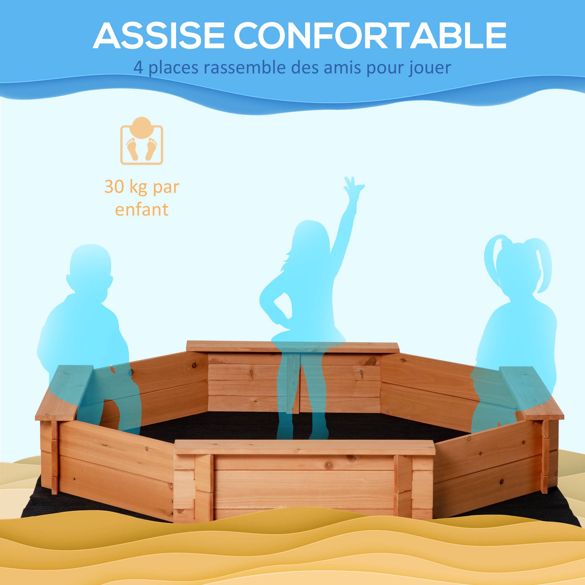 Outsunny - Bac à sable bois octogonal dim. 139,5L x 139,5l x 21,5H cm - 4 bancs - bâche de couverture, non tissé de sol inclus - bois sapin pré-huilé - Outsunny - Imagen 7