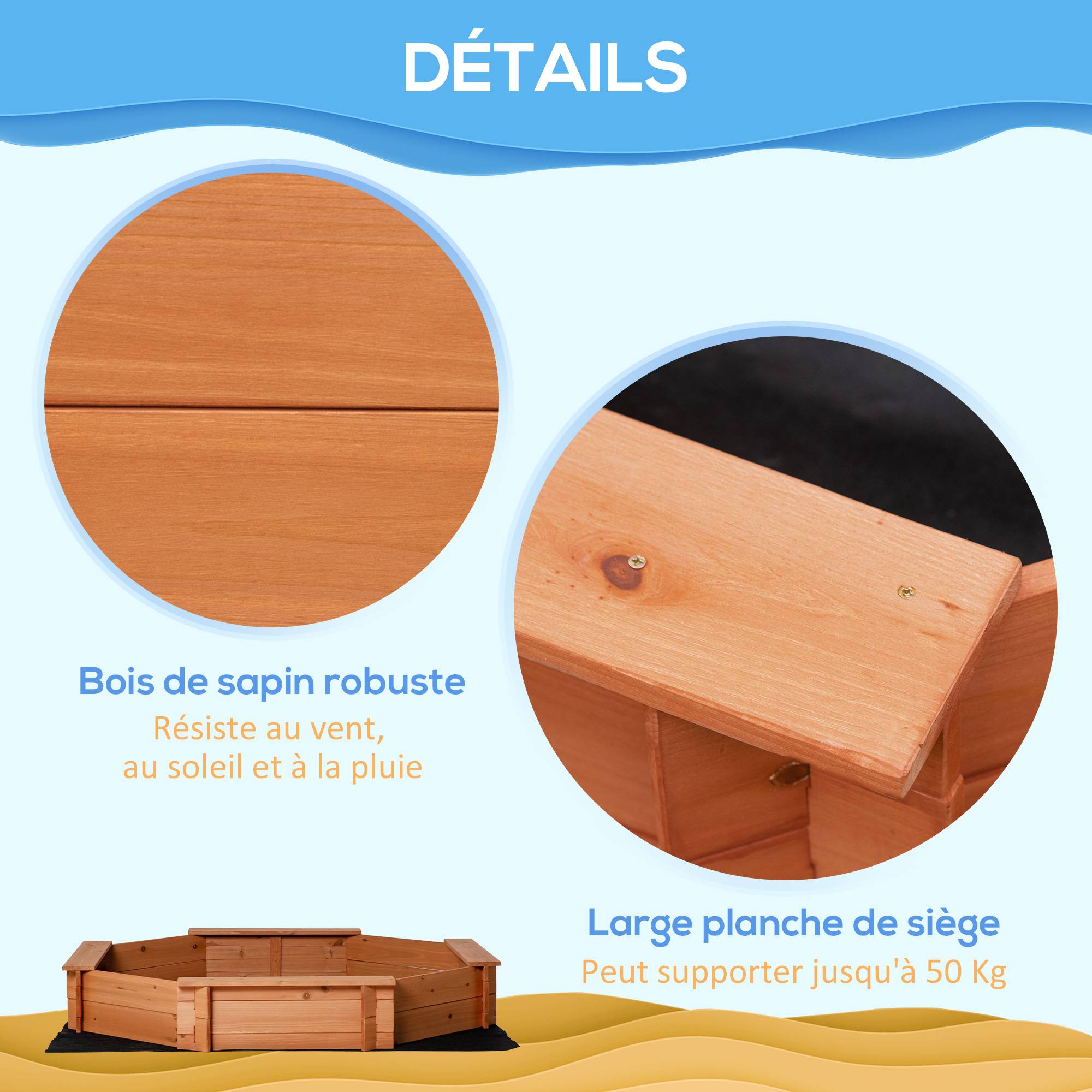 Outsunny - Bac à sable bois octogonal dim. 139,5L x 139,5l x 21,5H cm - 4 bancs - bâche de couverture, non tissé de sol inclus - bois sapin pré-huilé - Outsunny - Imagen 6