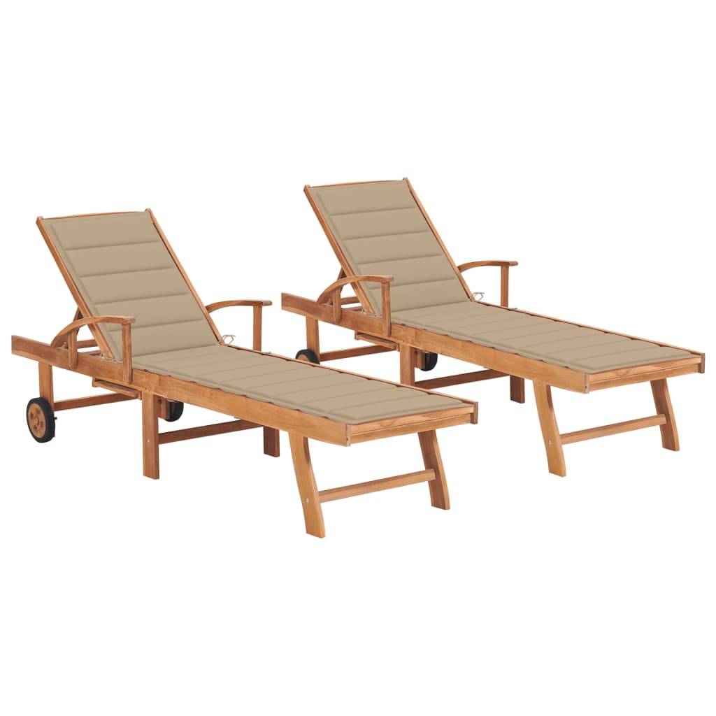 Helloshop26 - Lot de 2 transats chaise longue bain de soleil lit de jardin terrasse meuble d'extérieur avec coussin beige bois de teck solide - Imagen 1