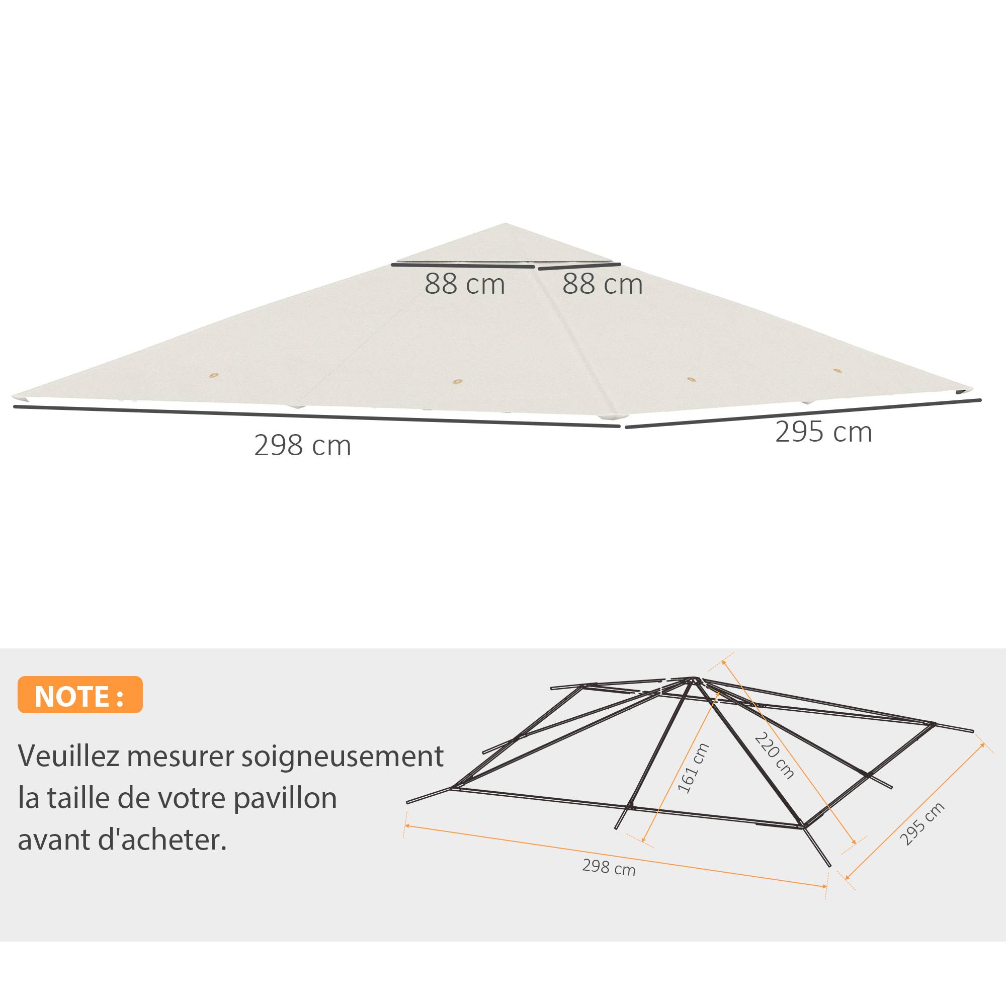 Outsunny - Toile de rechange pavillon tonnelle gazebo 3x3m anti-UV tissu polyester haute densité 180g/m² crème - Outsunny - Imagen 3
