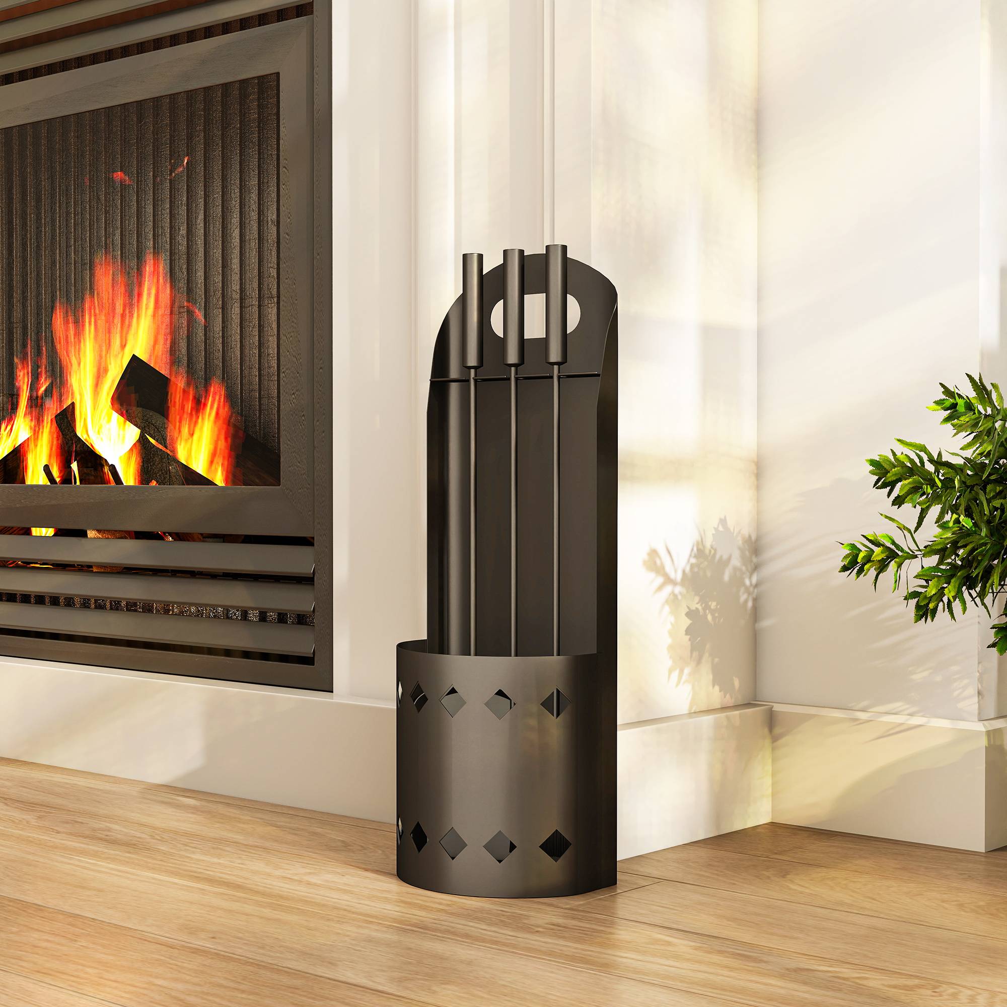 ComfortXL - Serviteur de cheminée 4 pièces en métal noir 20 x 14 x 57 cm avec seau pour entretien et rangement du foyer - Image 1
