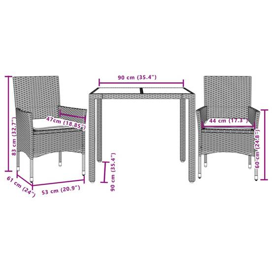Maison Chic - Ensemble de 3 pcs table de jardin et chaises avec coussins - mobilier de jardin noir rotin acacia-JU2583 - Image 7