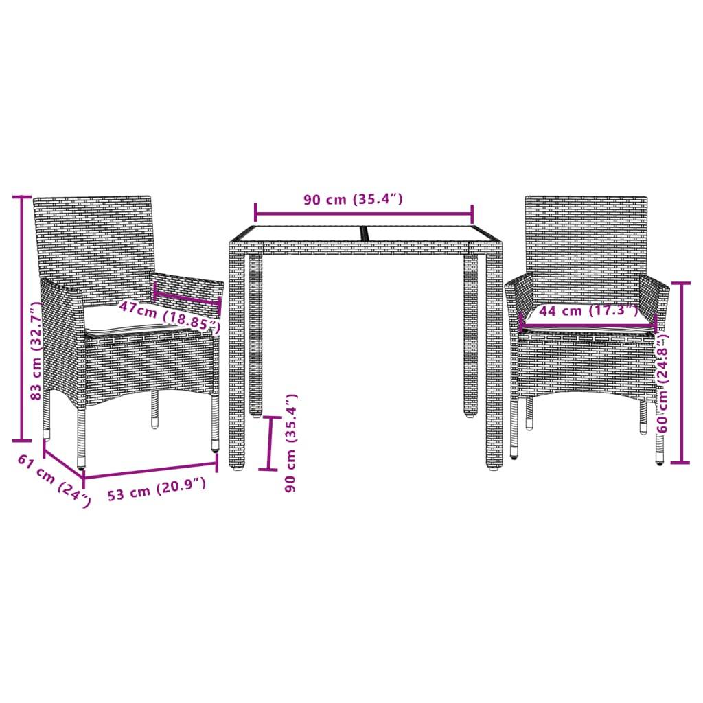 Maison Chic - Ensemble de 3 pcs table de jardin et chaises avec coussins - mobilier de jardin noir rotin acacia-JU2583 - Image 7