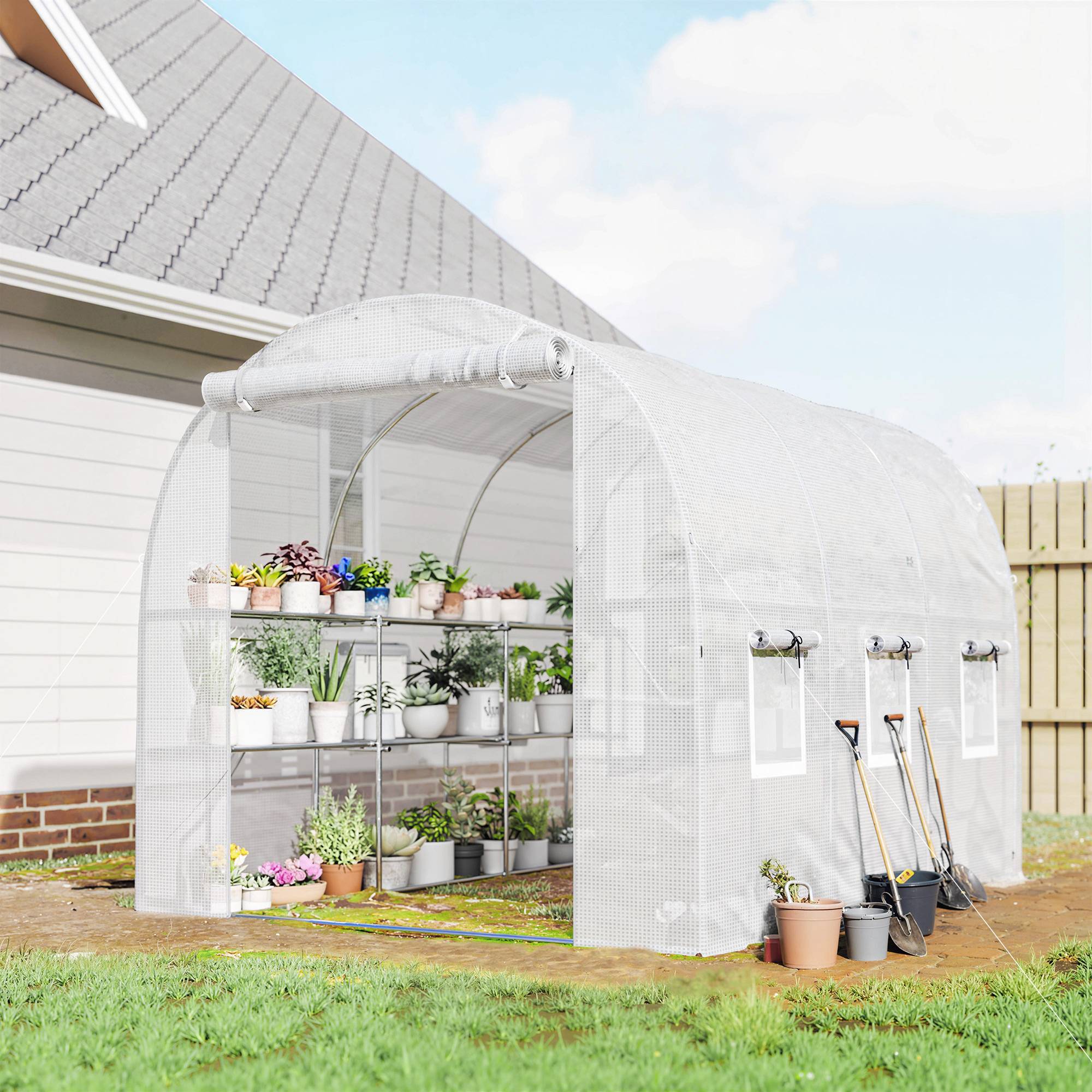 Serre aluminium 2,7x2x2 m avec étagères enroulables, porte zip, filet et poteaux de support - Image 3