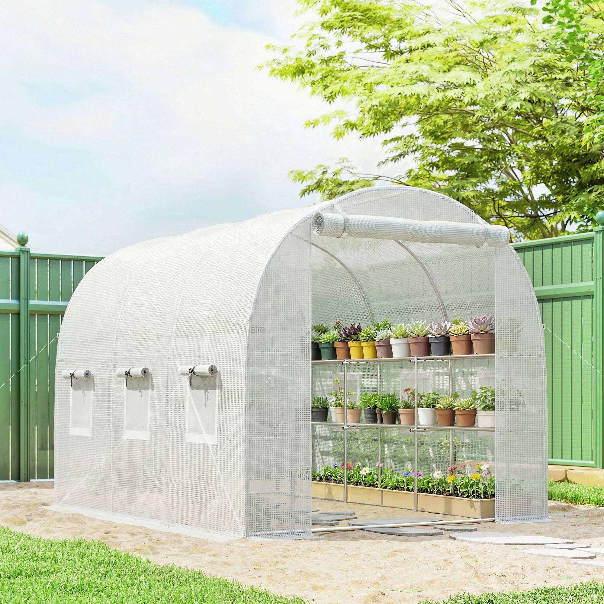 Serre aluminium 2,7x2x2 m avec étagères enroulables, porte zip, filet et poteaux de support - Image 4