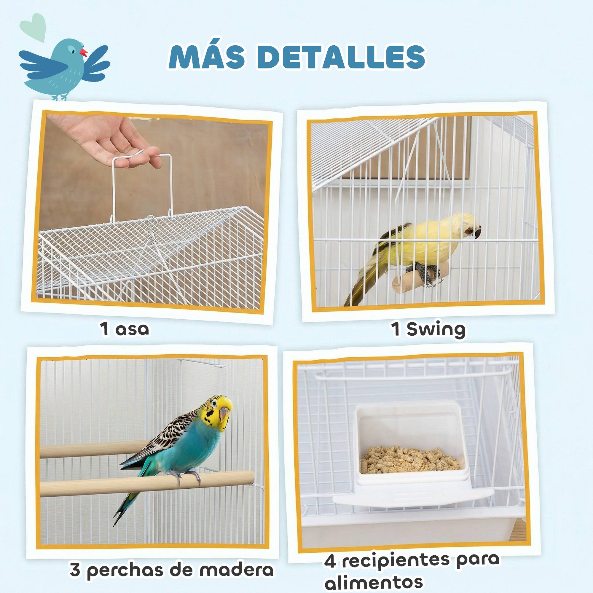 Cage à oiseaux en acier avec mangeoires, perchoirs, balançoire et plateau extractible, 50,5x41x104 cm, blanc - Image 6