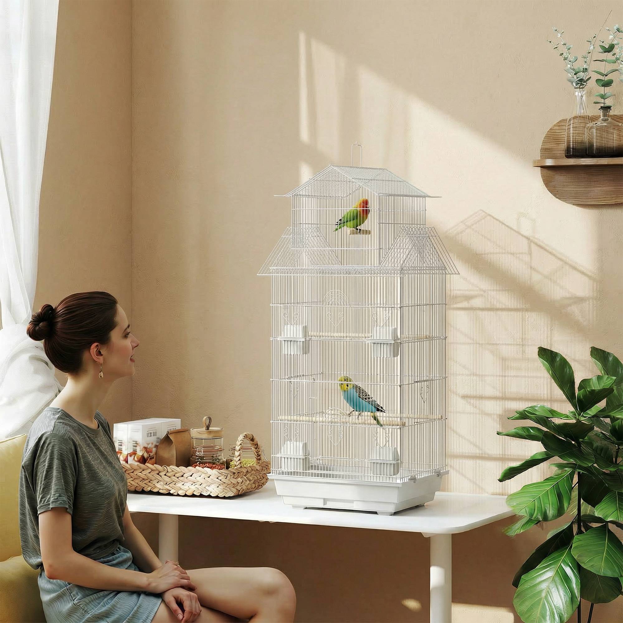 Cage à oiseaux en acier avec mangeoires, perchoirs, balançoire et plateau extractible, 50,5x41x104 cm, blanc - Image 3