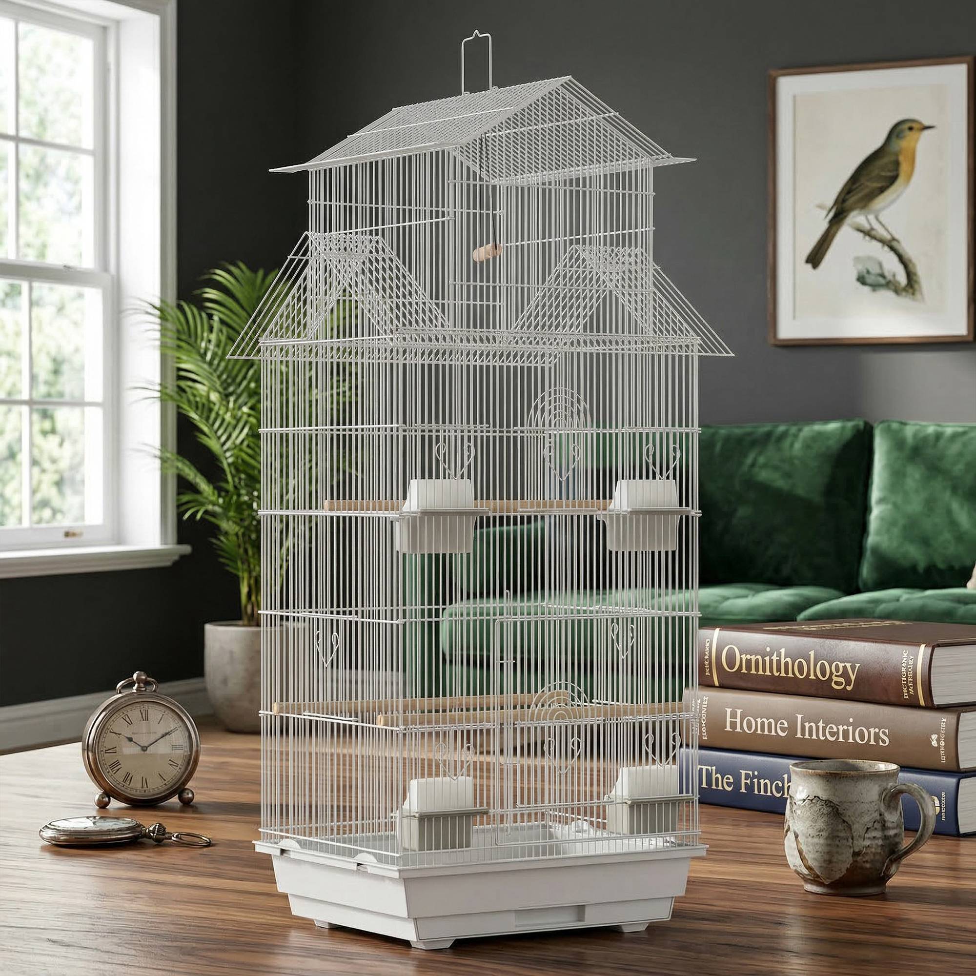 Cage à oiseaux en acier avec mangeoires, perchoirs, balançoire et plateau extractible, 50,5x41x104 cm, blanc - Image 10