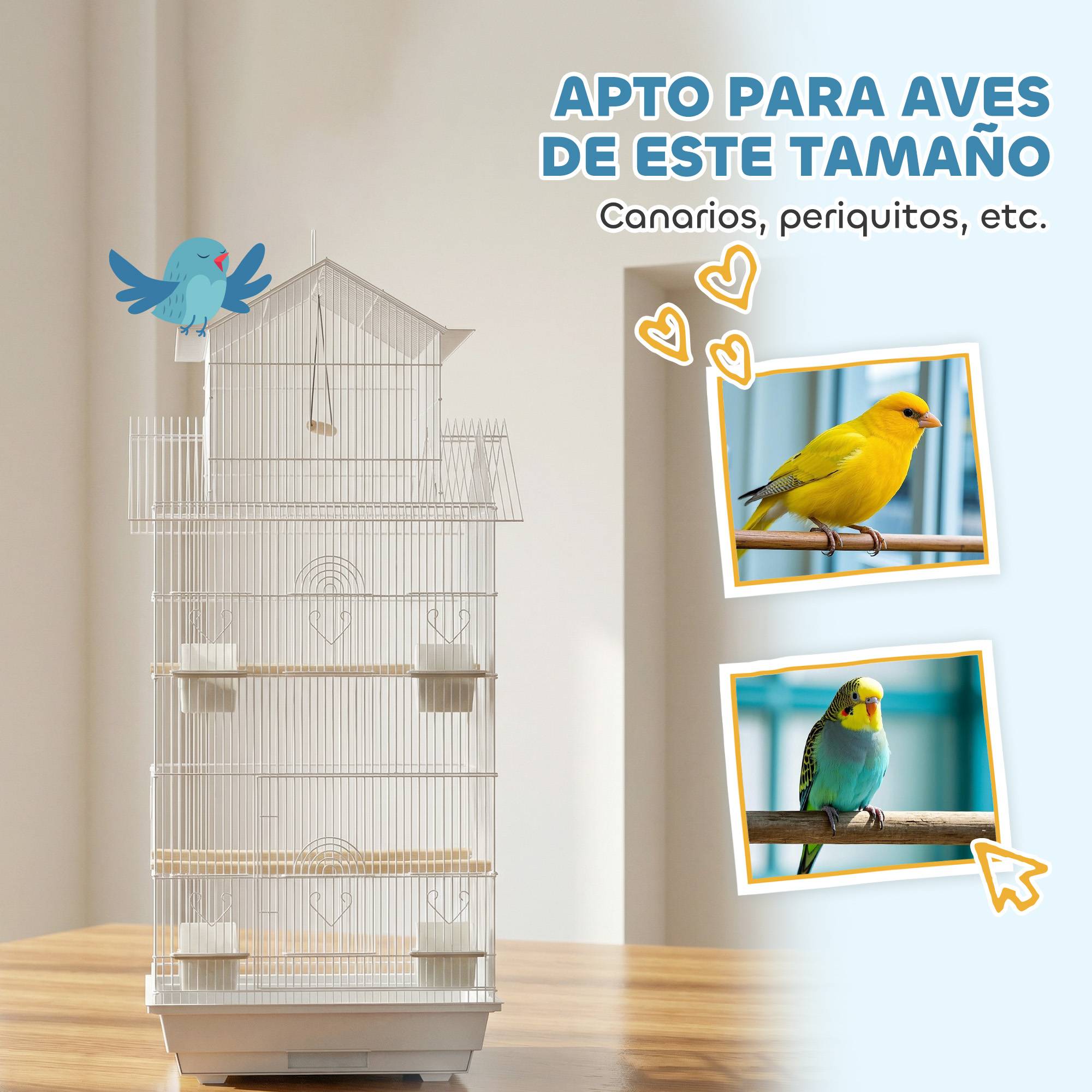 Cage à oiseaux en acier avec mangeoires, perchoirs, balançoire et plateau extractible, 50,5x41x104 cm, blanc - Image 9