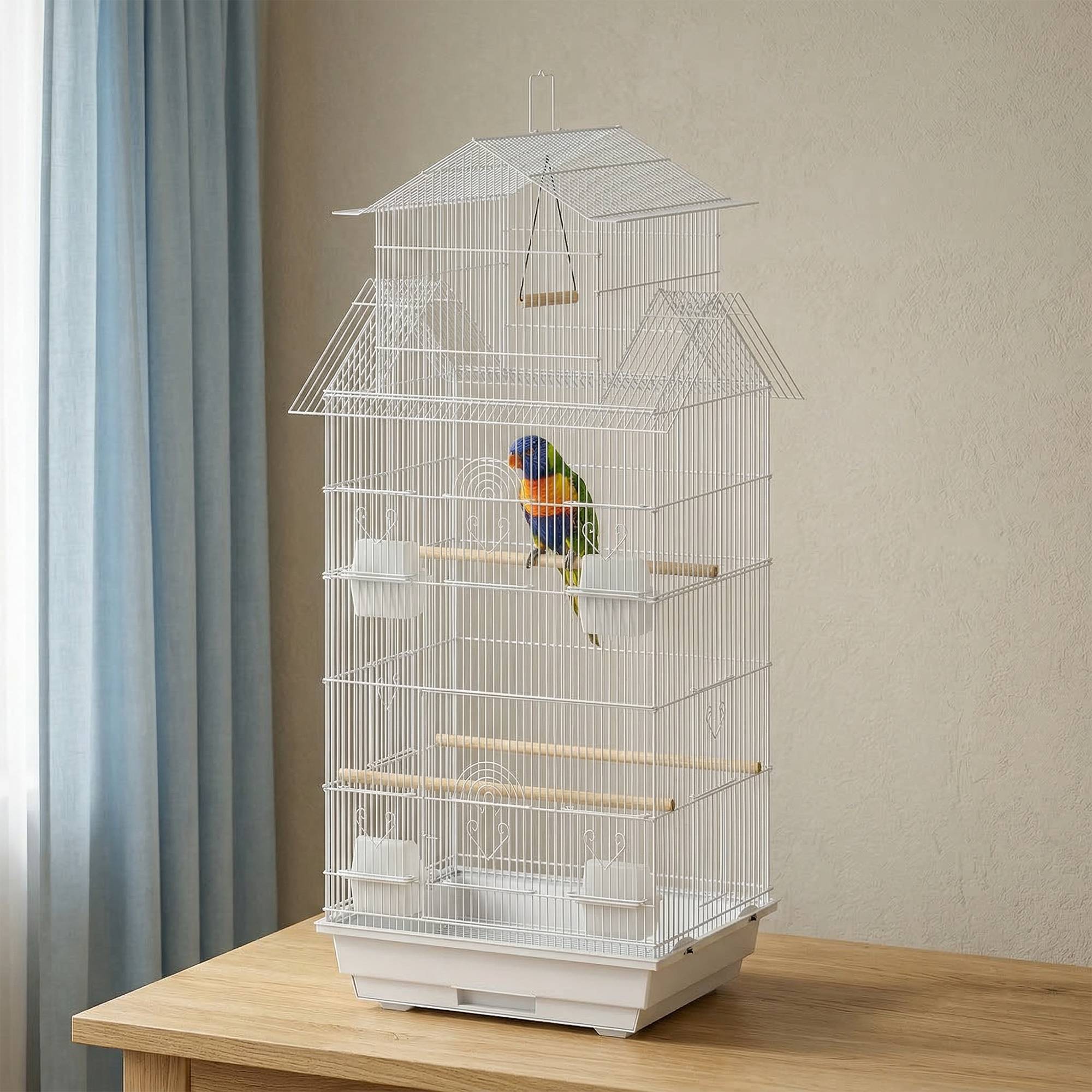 Cage à oiseaux en acier avec mangeoires, perchoirs, balançoire et plateau extractible, 50,5x41x104 cm, blanc - Image 4