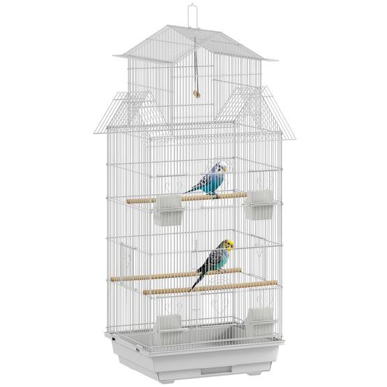 Cage à oiseaux en acier avec mangeoires, perchoirs, balançoire et plateau extractible, 50,5x41x104 cm, blanc - Image 1