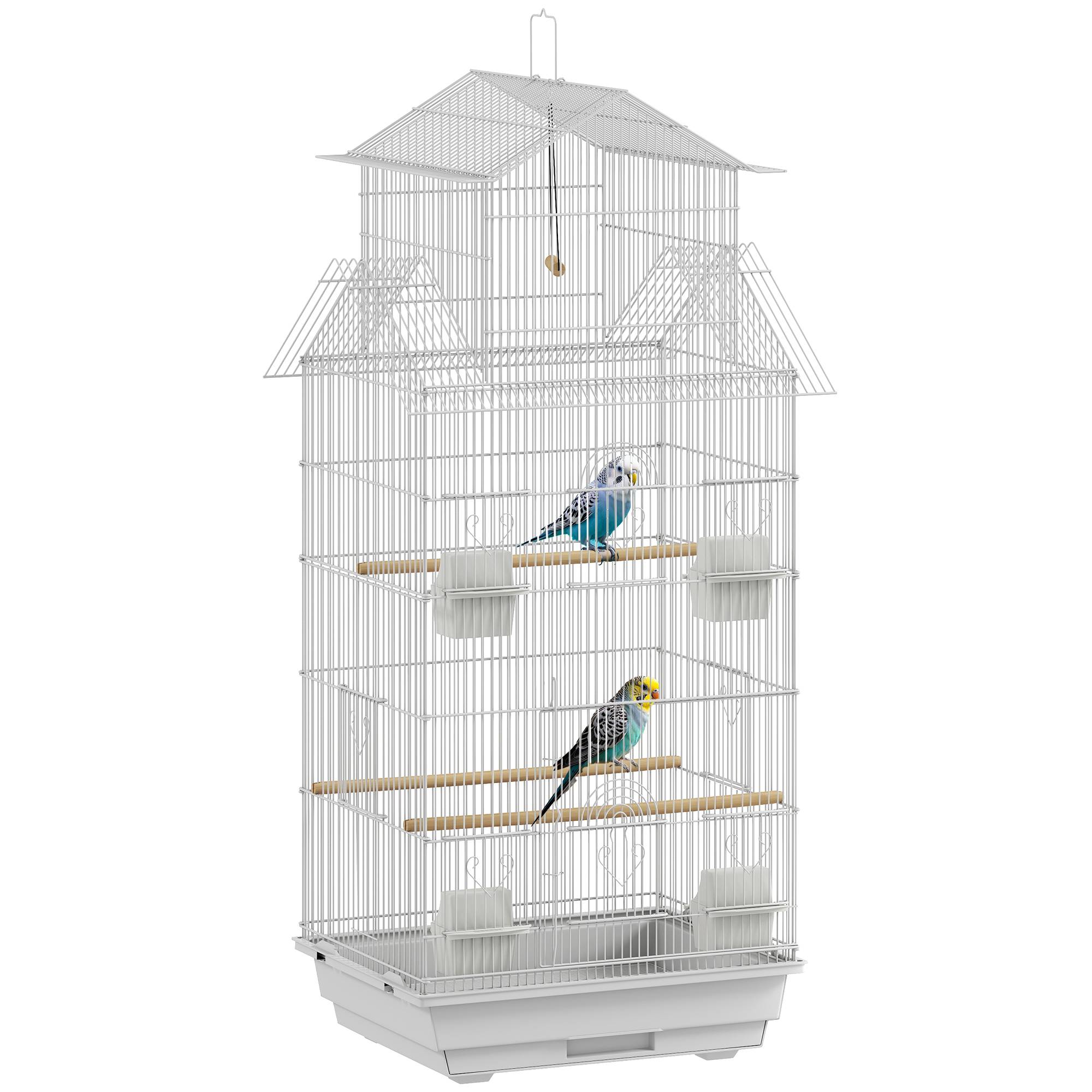 Cage à oiseaux en acier avec mangeoires, perchoirs, balançoire et plateau extractible, 50,5x41x104 cm, blanc - Image 1