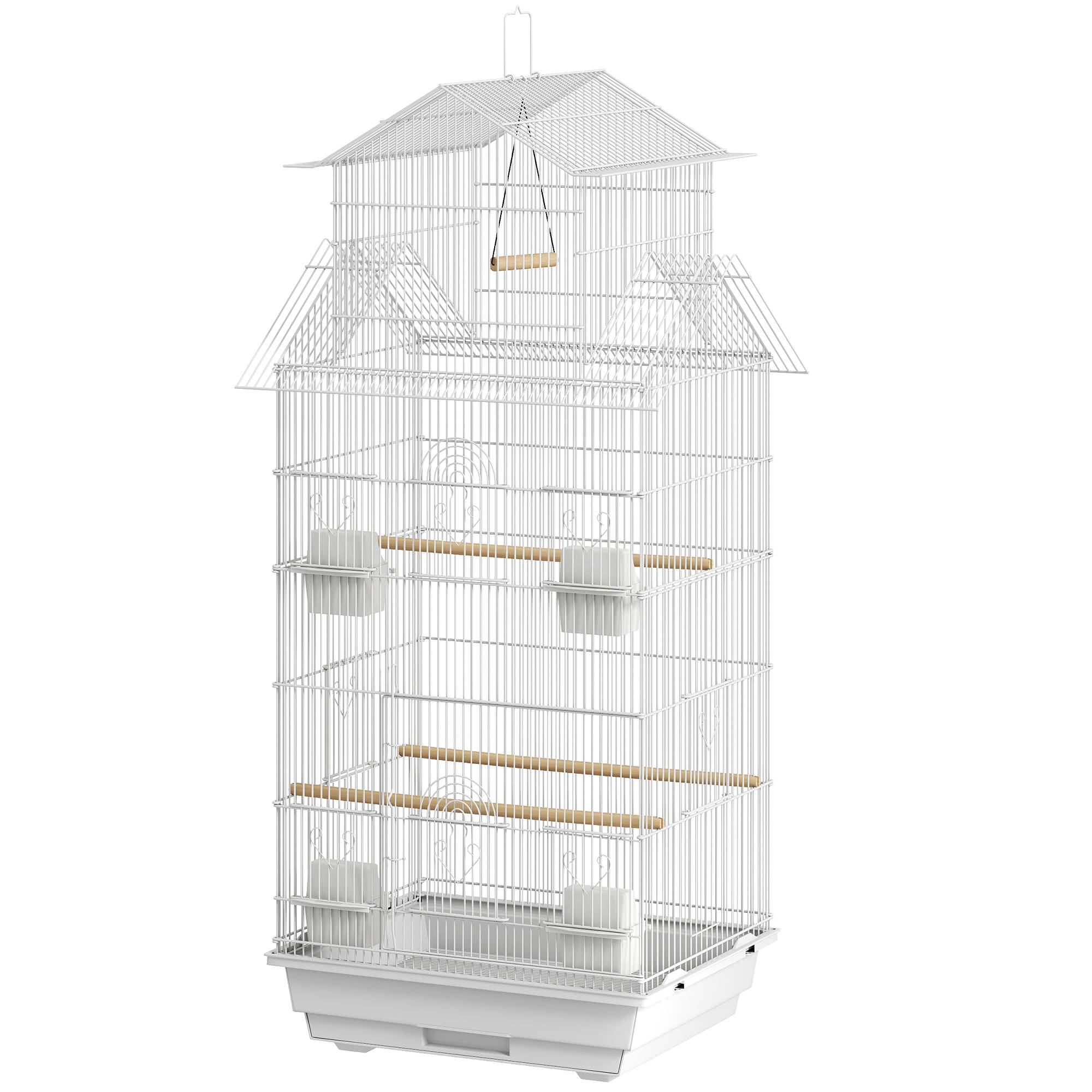 Cage à oiseaux en acier avec mangeoires, perchoirs, balançoire et plateau extractible, 50,5x41x104 cm, blanc - Image 2