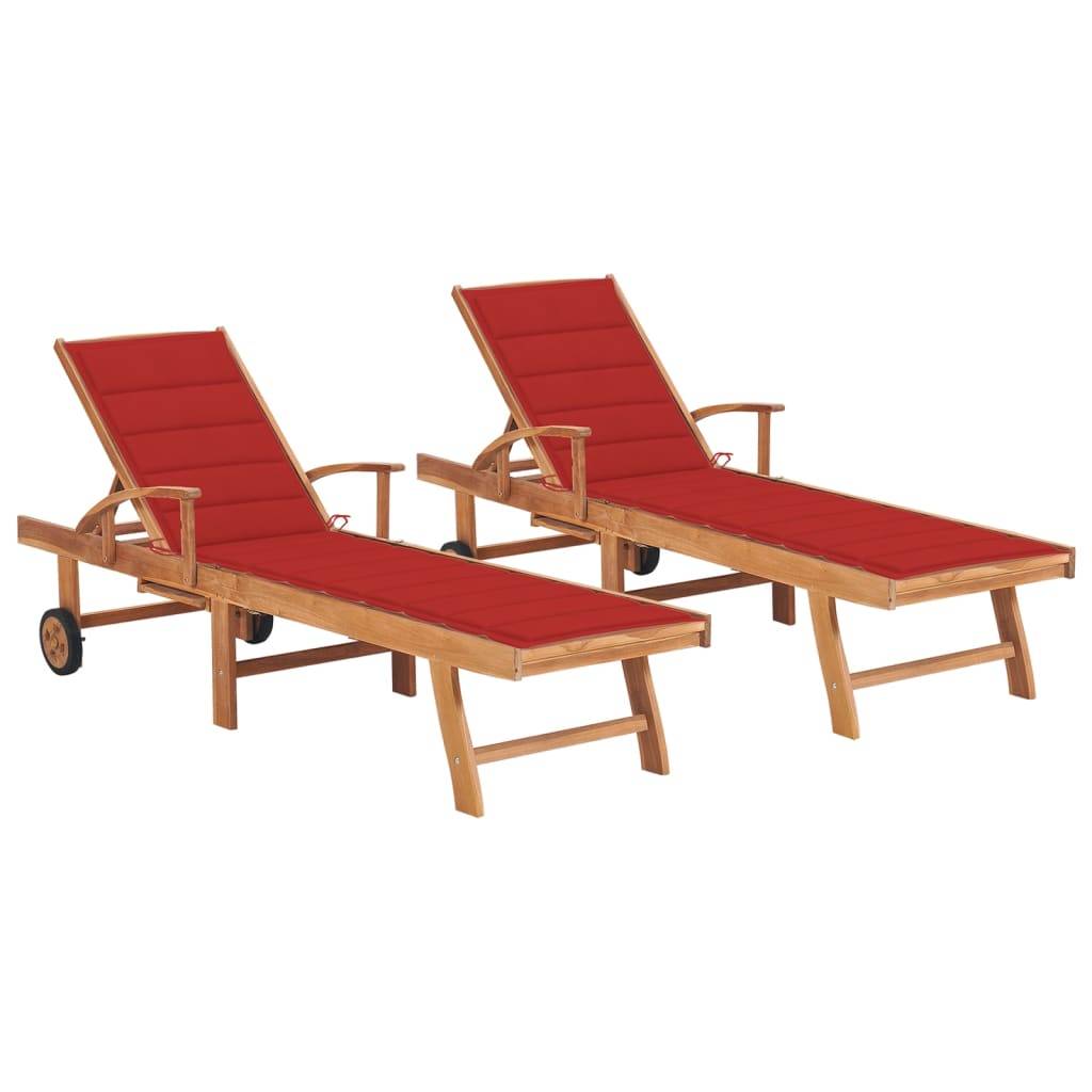 Helloshop26 - Lot de 2 transats chaise longue bain de soleil lit de jardin terrasse meuble d'extérieur avec coussin rouge bois de teck solide - Imagen 1