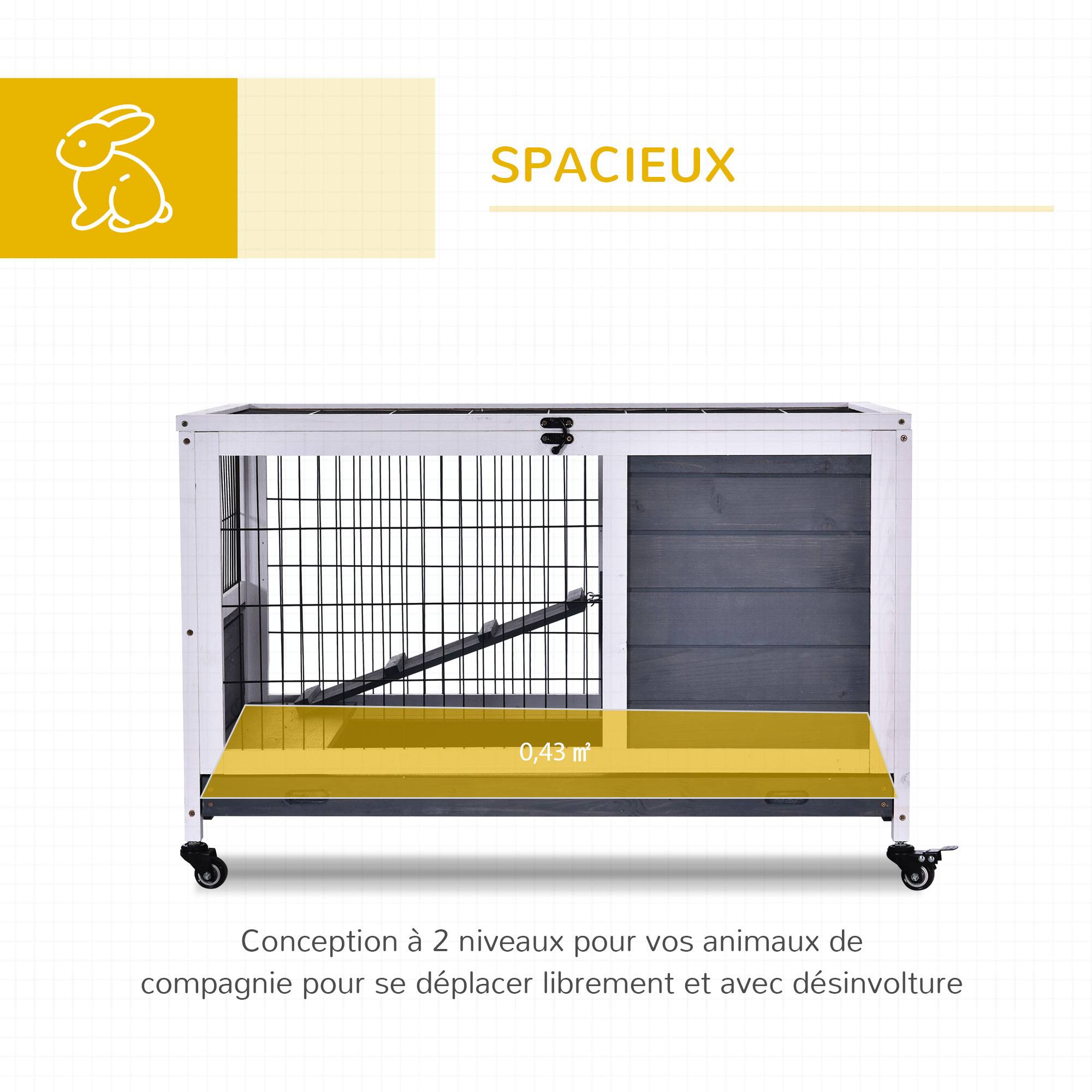 Clapier lapin intérieur, cage lapin avec toit ouvrant, roulettes, plateau amovible et rampe, cage à lapin en bois, 90 x 53 x 59 cm - Image 6