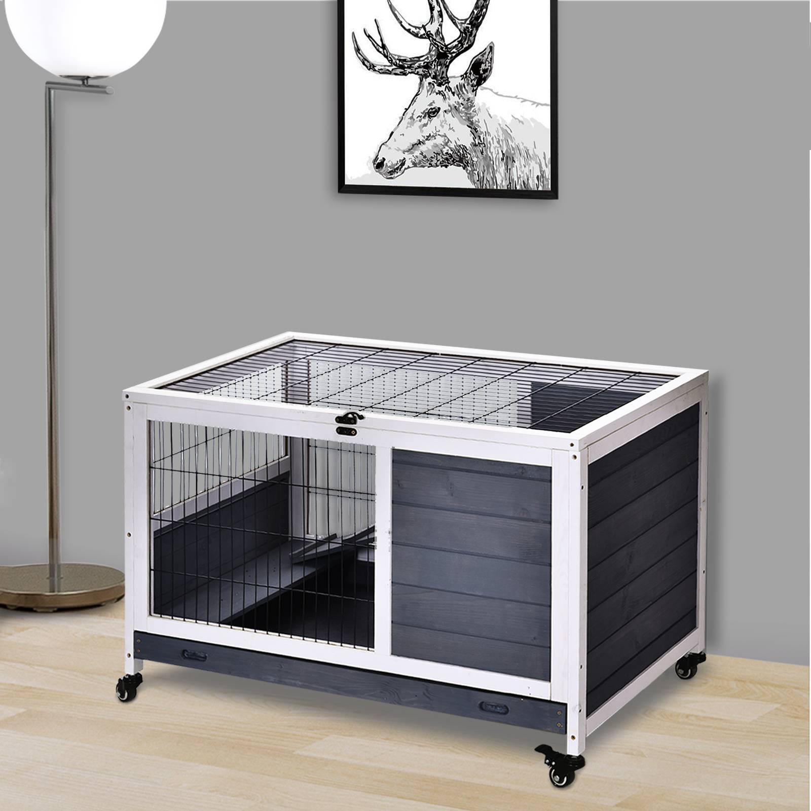 Clapier lapin intérieur, cage lapin avec toit ouvrant, roulettes, plateau amovible et rampe, cage à lapin en bois, 90 x 53 x 59 cm - Image 4